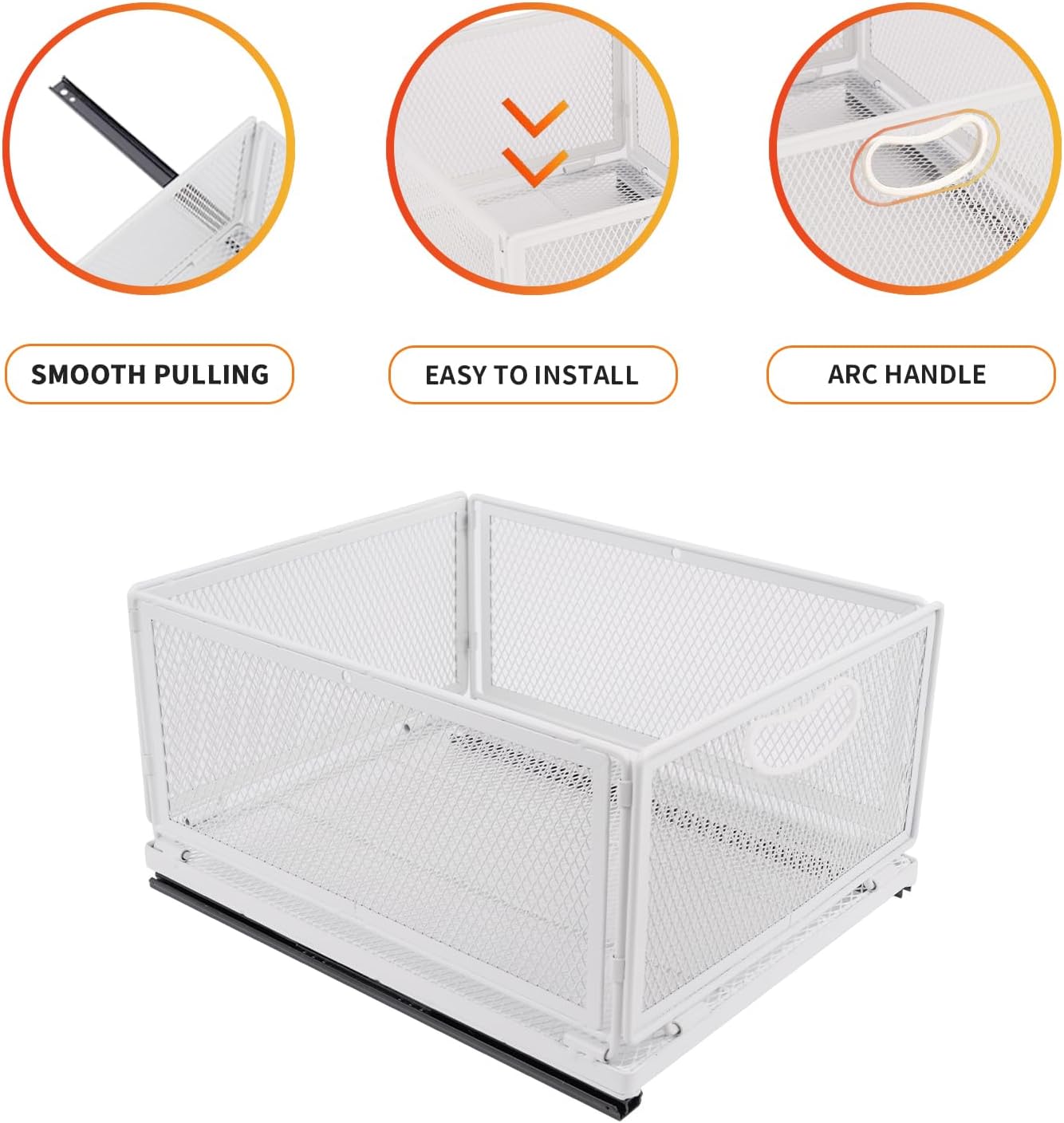 Sliding Cabinet Basket Organizer Drawer Self Adhesive Slide out Pantry Shelves Heavy Duty Carbon Steel Slide Cabinet Storage Basket with Handle for Bathroom Kitchen Home