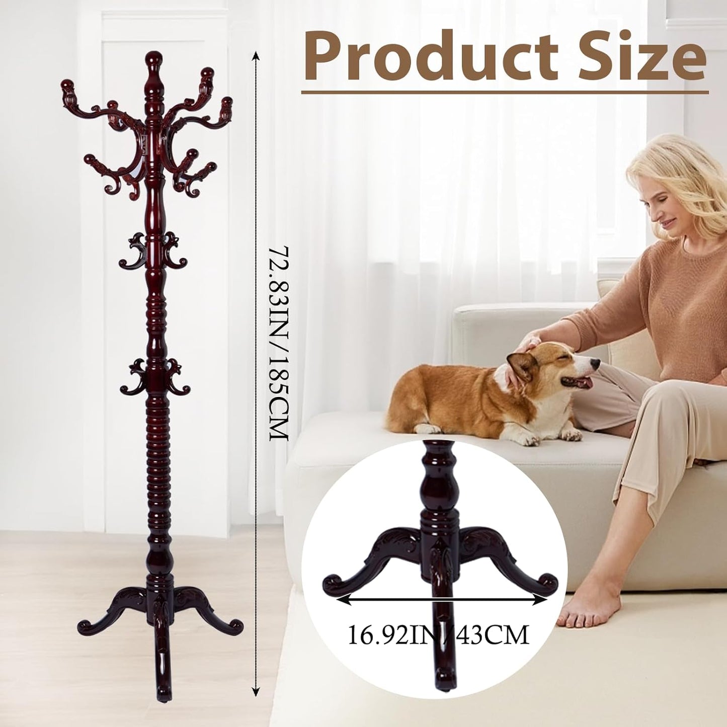Solid Wooden Coat Rack Stand, Coat Racks Freestanding with 14 Hooks, Natural Birch Wood Coat stands with Sturdy Triangle Base, Coat Hanger Standing for Entryway Bedroom Office (Redwood triangle)