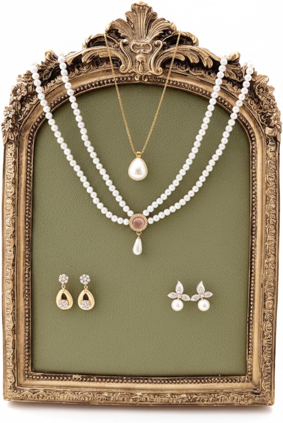 Green Velvet Jewelry Holder Organizer & Necklace Display Stand, 10 * 6.7inches Vintage Jewelry Storage with Gold Frame for Bracelet Earring Rings, Pearl