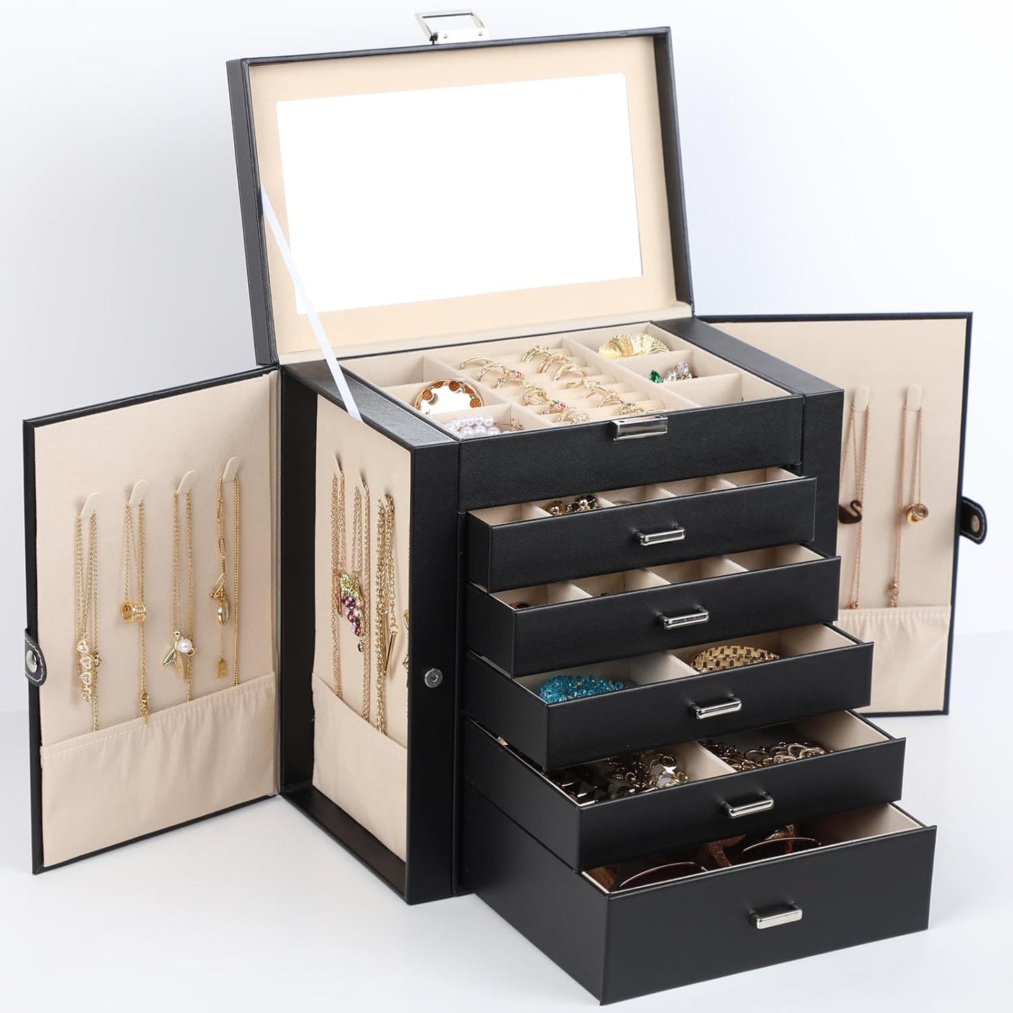 BOOVO Jewelry Box For women, 6 Layer Large Jewelry Organizer With Mirror, Multi-Function Storage Box With Lock, Necklace Holder With 5 Drawers, For Earrings Necklace Bracelet (Silver and Black)