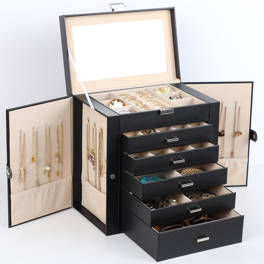 BOOVO Jewelry Box For women, 6 Layer Large Jewelry Organizer With Mirror, Multi-Function Storage Box With Lock, Necklace Holder With 5 Drawers, For Earrings Necklace Bracelet (Silver and Black)