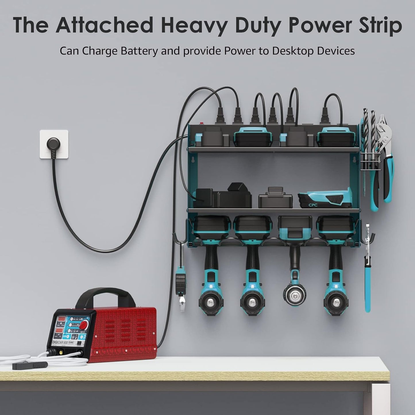 CCCEI Modular Power Tool Organizer Wall Mount with Charging Station. Garage Drill Storage Shelf with Hooks, Heavy Duty Rack, Tool Battery Holder Built in 8 Outlet. Gift for Men. Navy Blue, 2 Pack.
