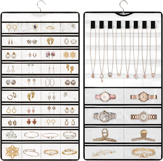 Hanging Jewelry Organizer Storage Earring Jewelry Storage Bag With 48 Pockets Necklace Bracelet Ring Glasses Accessory Display Rack (White)