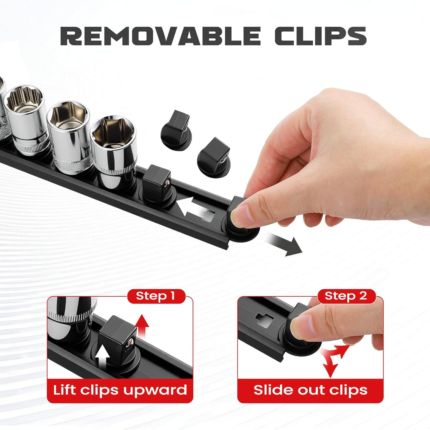 ALOANES 6-Piece Magnetic Socket Organizer, Heavy Duty Aluminum Socket Rails Organizer, 360° Swivel Clips Socket Holder Kit for Tool Box, 1/2, 3/8, 1/4-Inch Socket Holder x 80 Clips (Black)