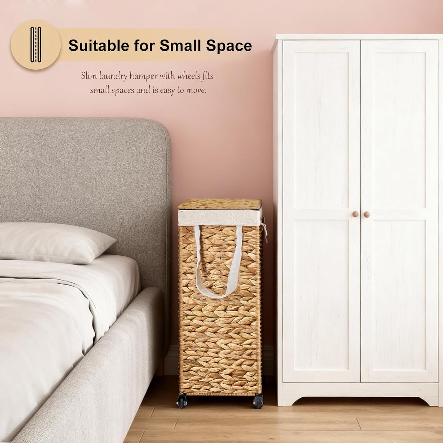 Rolling Laundry Hamper with Lid and Wheels, Slim Laundry Basket with Removable Liner Bag & 2 Mesh Bags, Handwoven Water Hyacinth Clothes Hamper for Bedroom Bathroom (Natural, 65L)