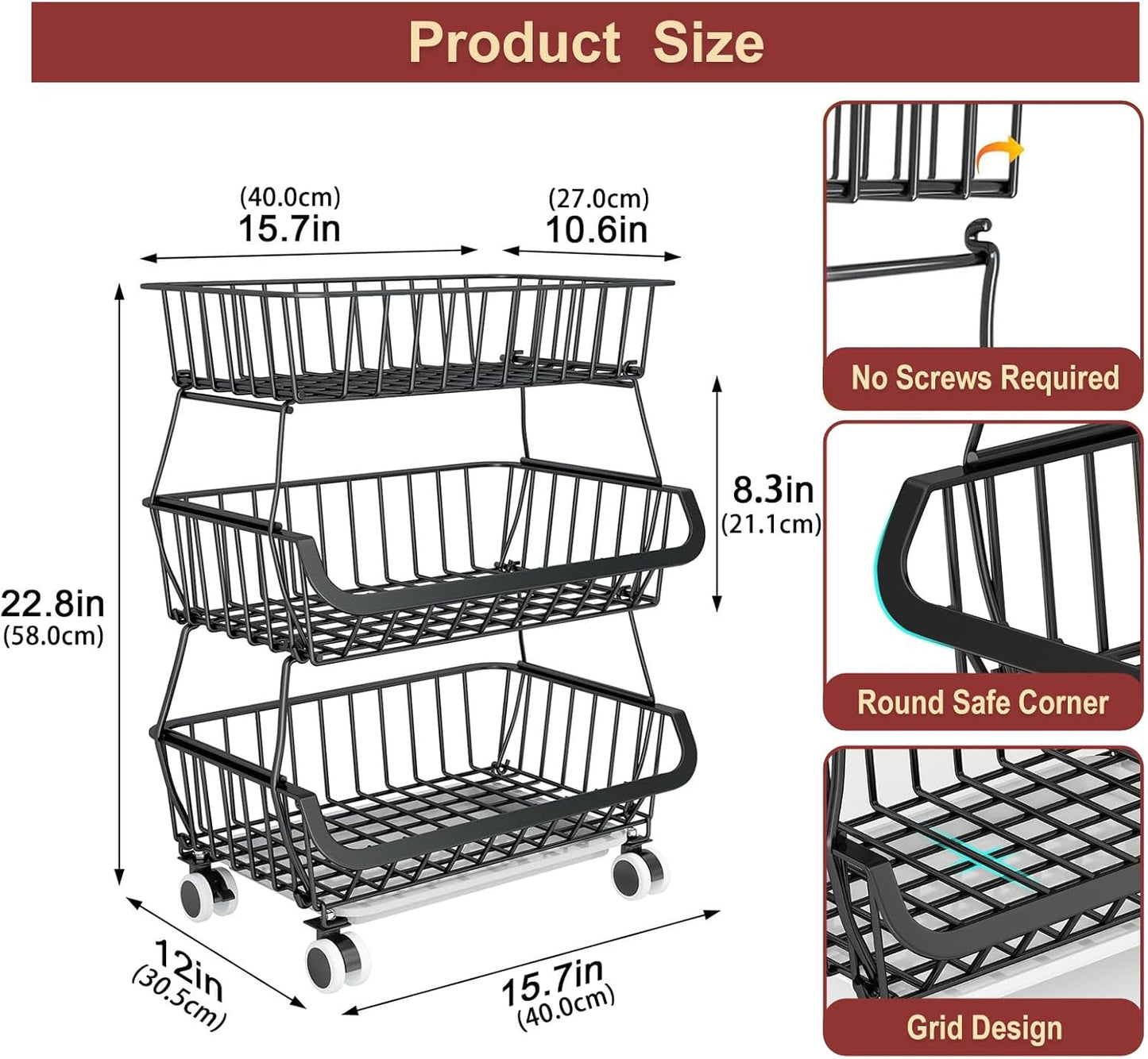 Miyawell 3-Tier Rolling Pantry Cart with Wheels, Stackable Wire Storage Floor Organizer for Kitchen Pantry Snack Shelves, Fruit Basket Stand, Vegetable Storage Rack for Food Snacks Onion Potato