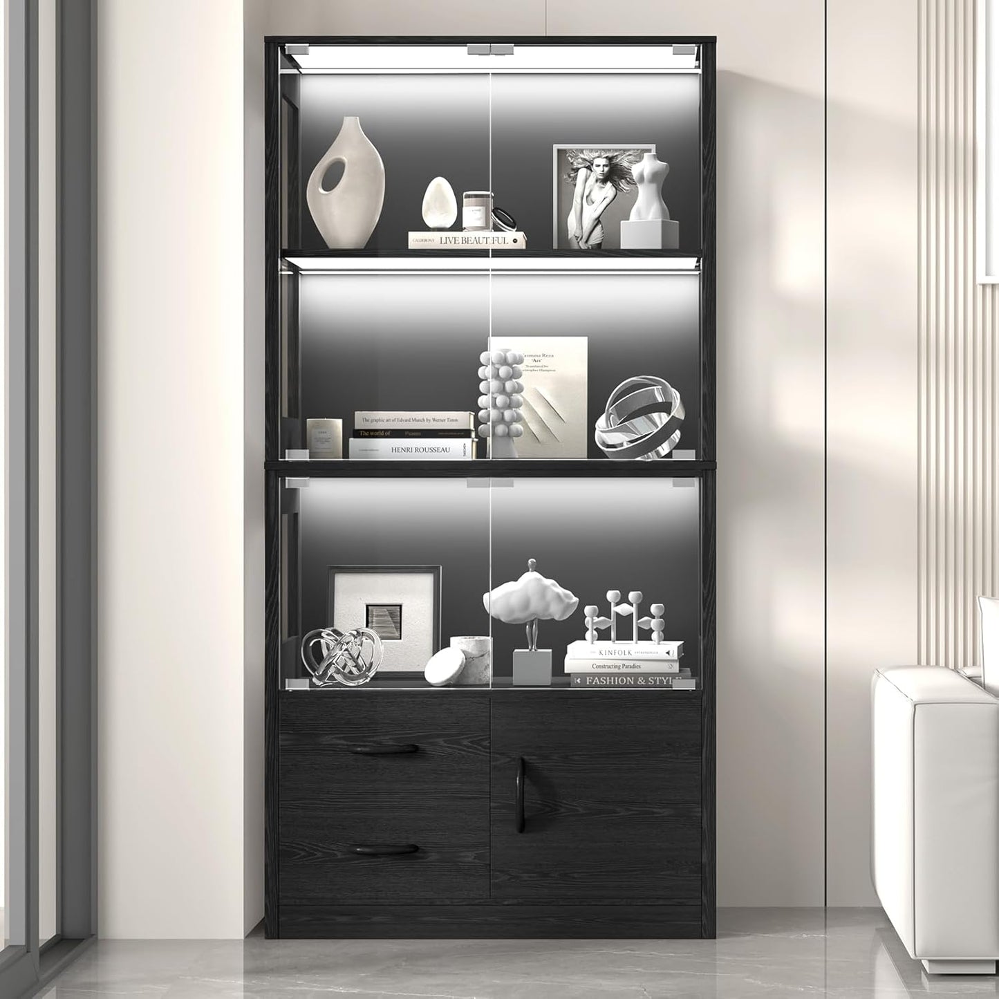 Display Cabinet with Glass Doors, 4-Tier Display Case with 3-Color Lights & Human Body Sensor, Storage Cabinets with 3 Shelves & 2 Drawers for Collectibles/Living/Dining/Game Room, Black Oak
