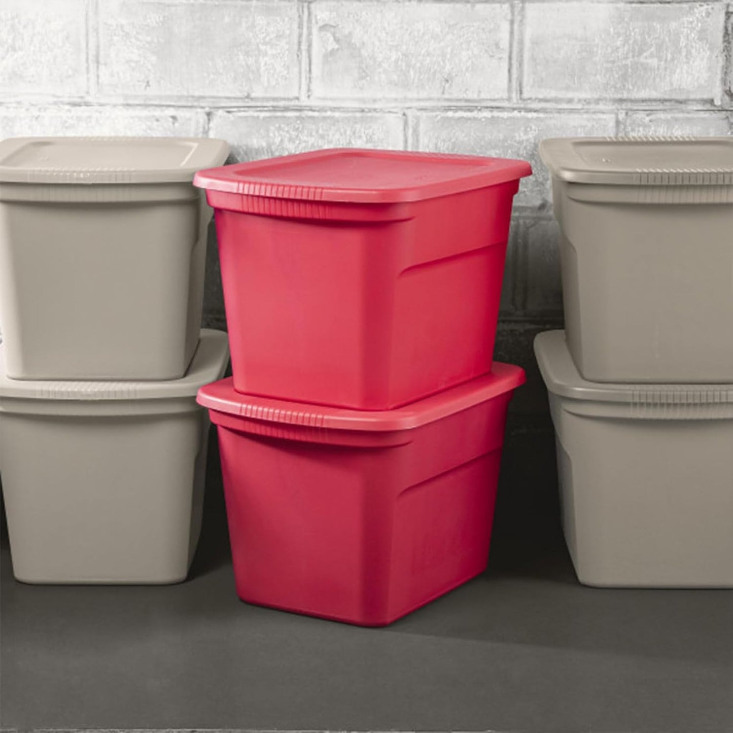 Sterilite 18 Gallon Stackable Storage Tote Container, Seasonal Home Decor, and Garage Organizer Bin with Lid, Red (16 Pack)