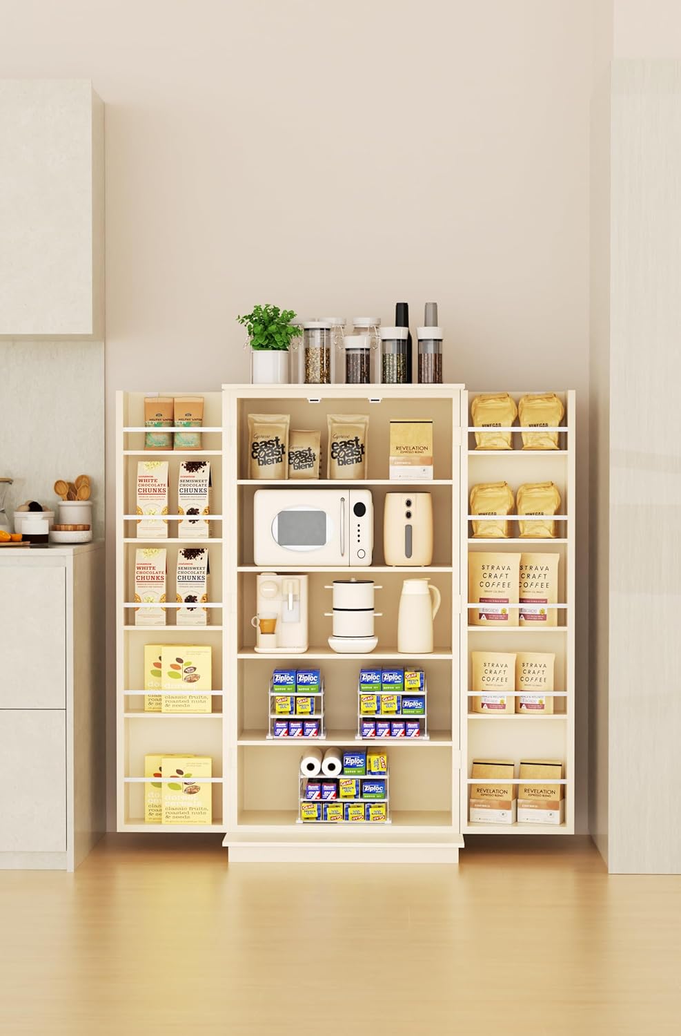 EVERIE Extendable 3-Tier Holder for Heavy Items, Jars, Bottles, Cans, Plastic Bags, Wrap, Foil, Snack and Box for Kitchen,Counter, Cabinets, 11'' to 16.7'' Wide (11“ - 16.7” Wide, Piece, 2)