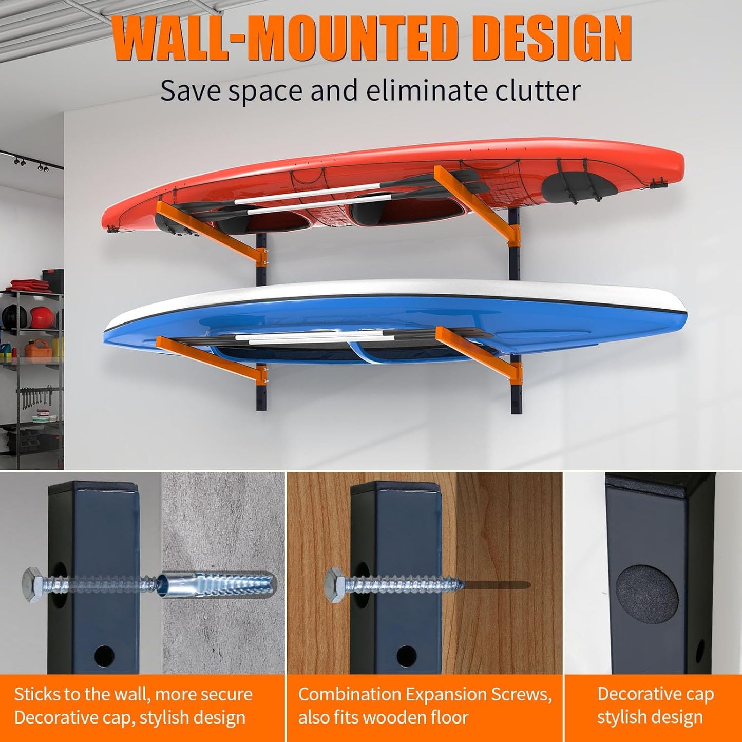 Kayak Storage Rack, Wall Mount Kayak Racks for Indoor Outdoor Storage, Heavy Duty Adjustable Kayak Rack for Garage, Spacesaver