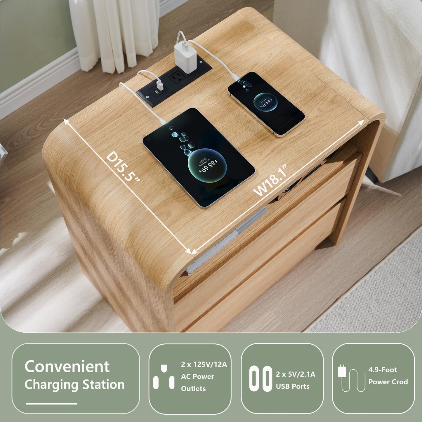25" Tall Modern Nightstand with Charging Station, 23.6'' Wide Wood Bedside Table w/2 Storage Drawers, Large Mid Century End Table for Bedroom, Living Room, Curved Profile Design,Natural Oak
