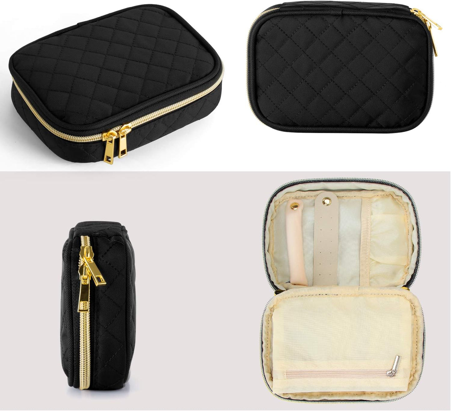 Teamoy Small Jewelry Travel Case, Portable Jewelry Organizer Bag for Earrings, Necklace, Rings and More (Small, Quilted- Black)