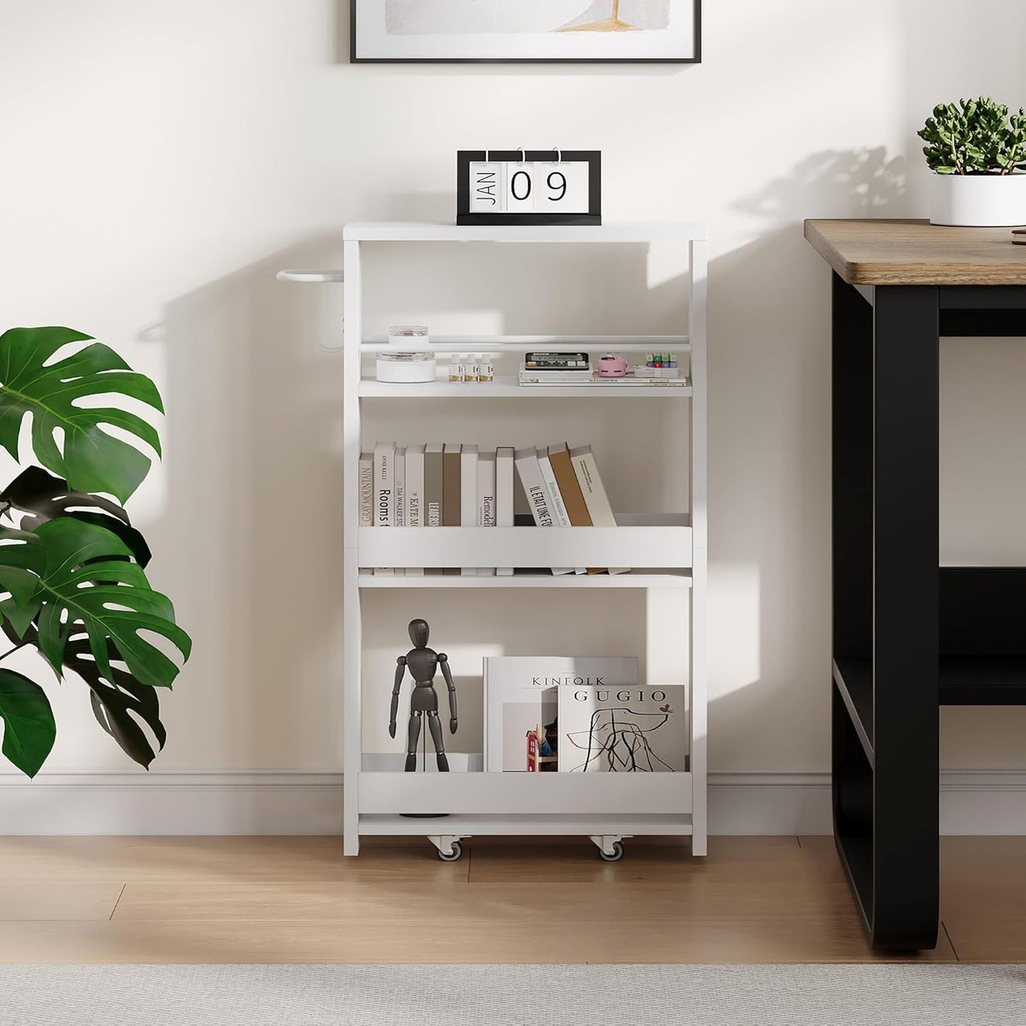 ChooChoo 4-Tier Slim Storage Cart with Handle, 5.51" W Rolling Utility Cart on Universal Wheels, Kitchen Cart Mobile Shelving Organization for Laundry Room, Bathroom & Narrow Places, White
