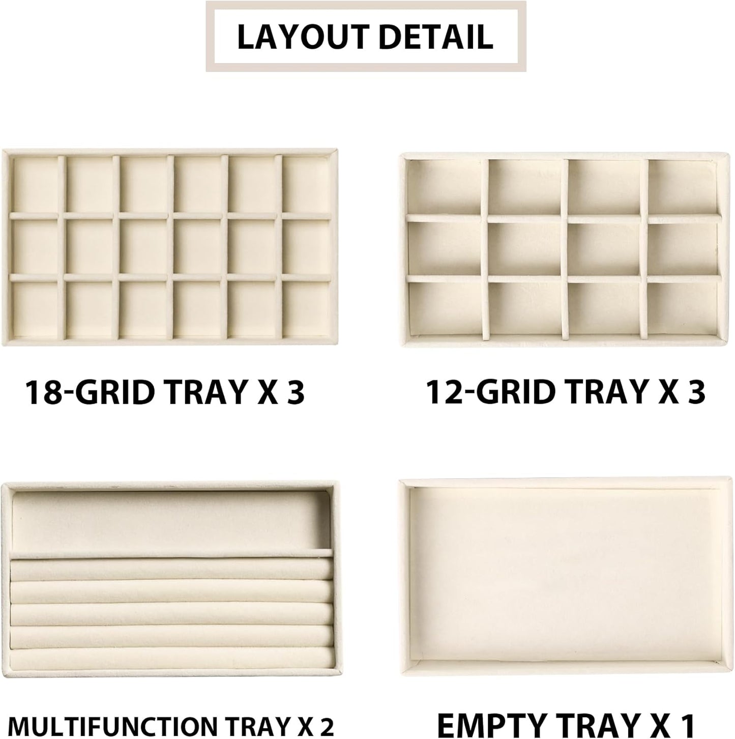 Frebeauty Jewelry Organizer Tray,Stackable Velvet Jewelry Trays,Drawer Inserts Earring Organizer For Women Jewelry Storage Display Case for Rings Stud Necklaces,Set of 9(Beige)