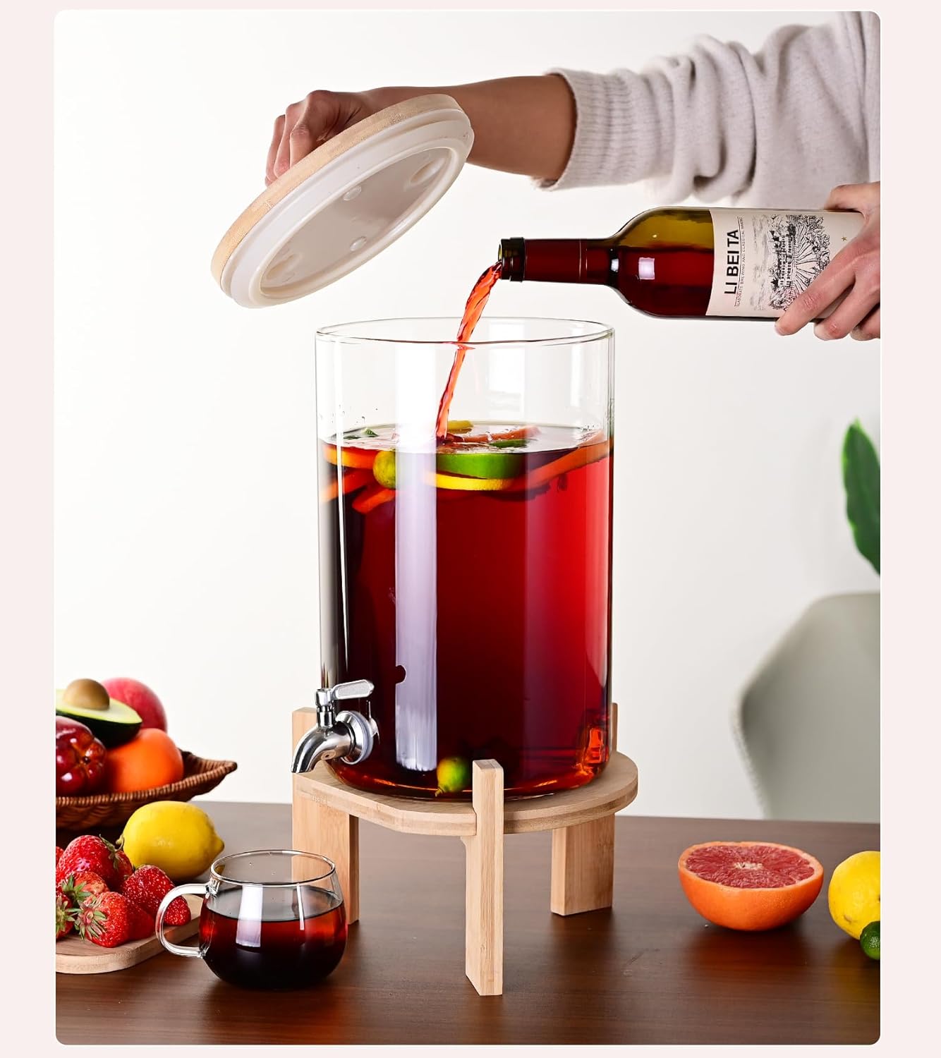 Glass Drink Dispenser, 2 gallons, With faucet wood stand Easy flow control, great for parties, bars & restaurants Large Glass Cold Beverage Dispensers.(2 gallon)