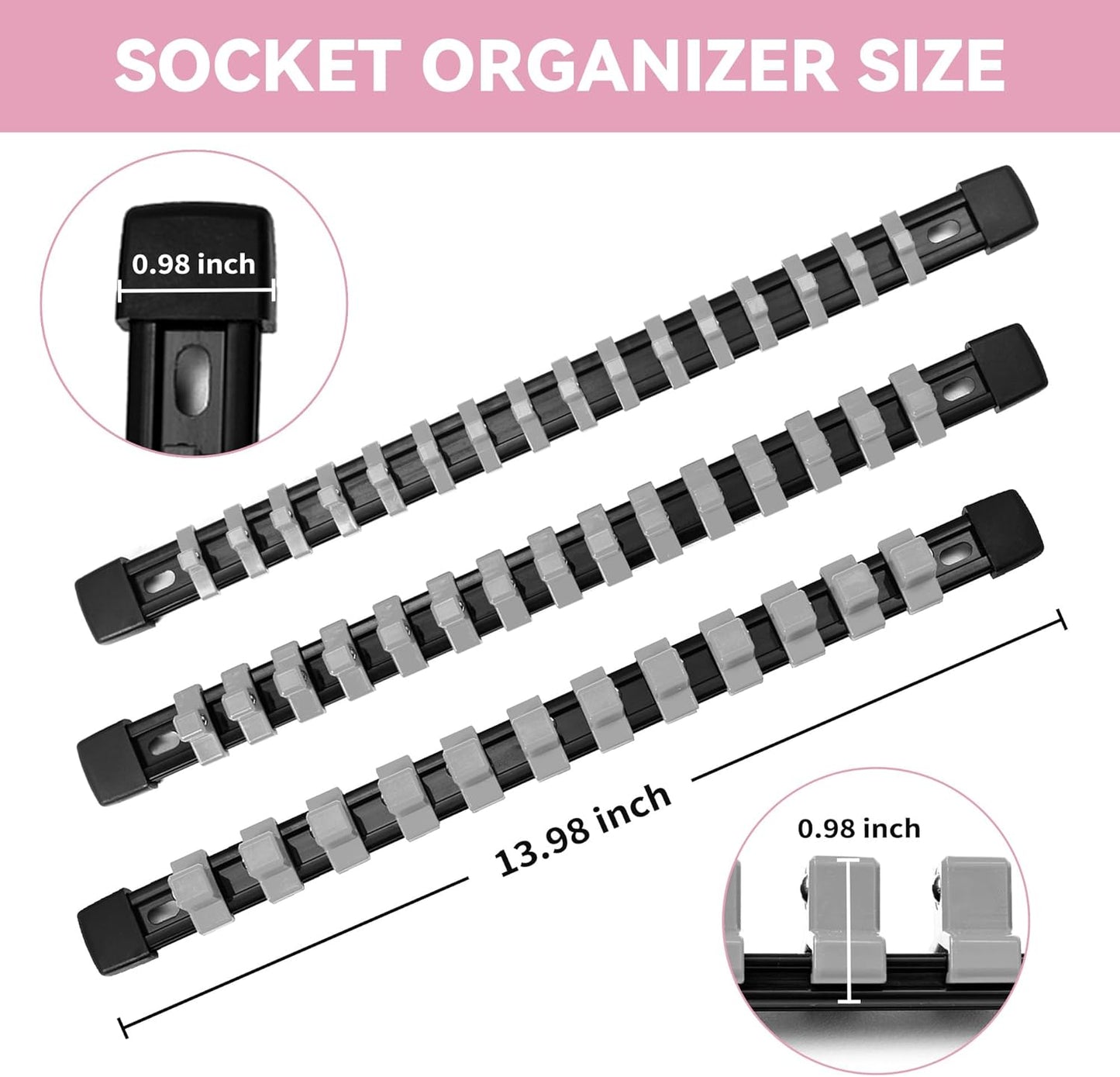 Socket Organizer Drive ABS Tools - Grey Socket Holder, Premium Quality 12 Pieces Socket Holders Kit 1/4-Inch x 64 Clips, 3/8-Inch x 60 Clips, 1/2-Inch x 48 Clips（12PC,Grey)