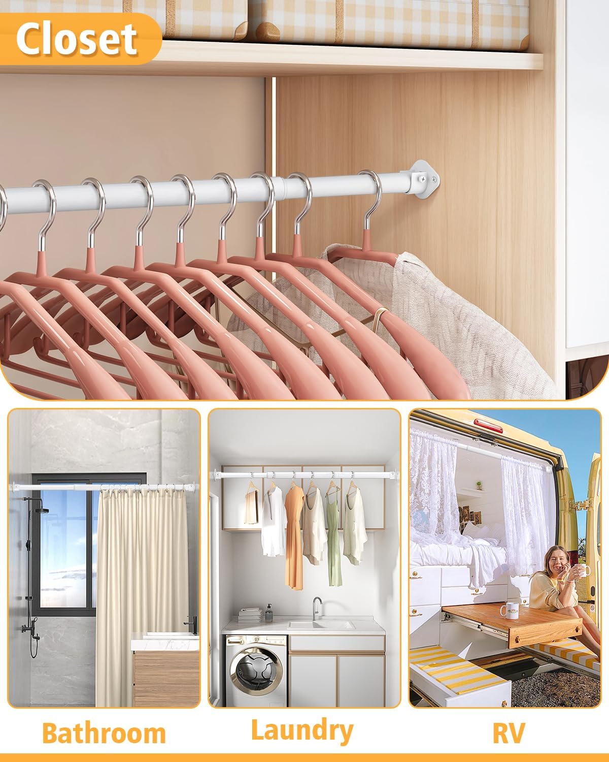 Closet Rod, 17 to 28 Inch Heavy Duty Adjustable Metal Clothing Rack for Hanging Clothes, Closet Poles for Wardrobes, Laundry, Durable Steel, White
