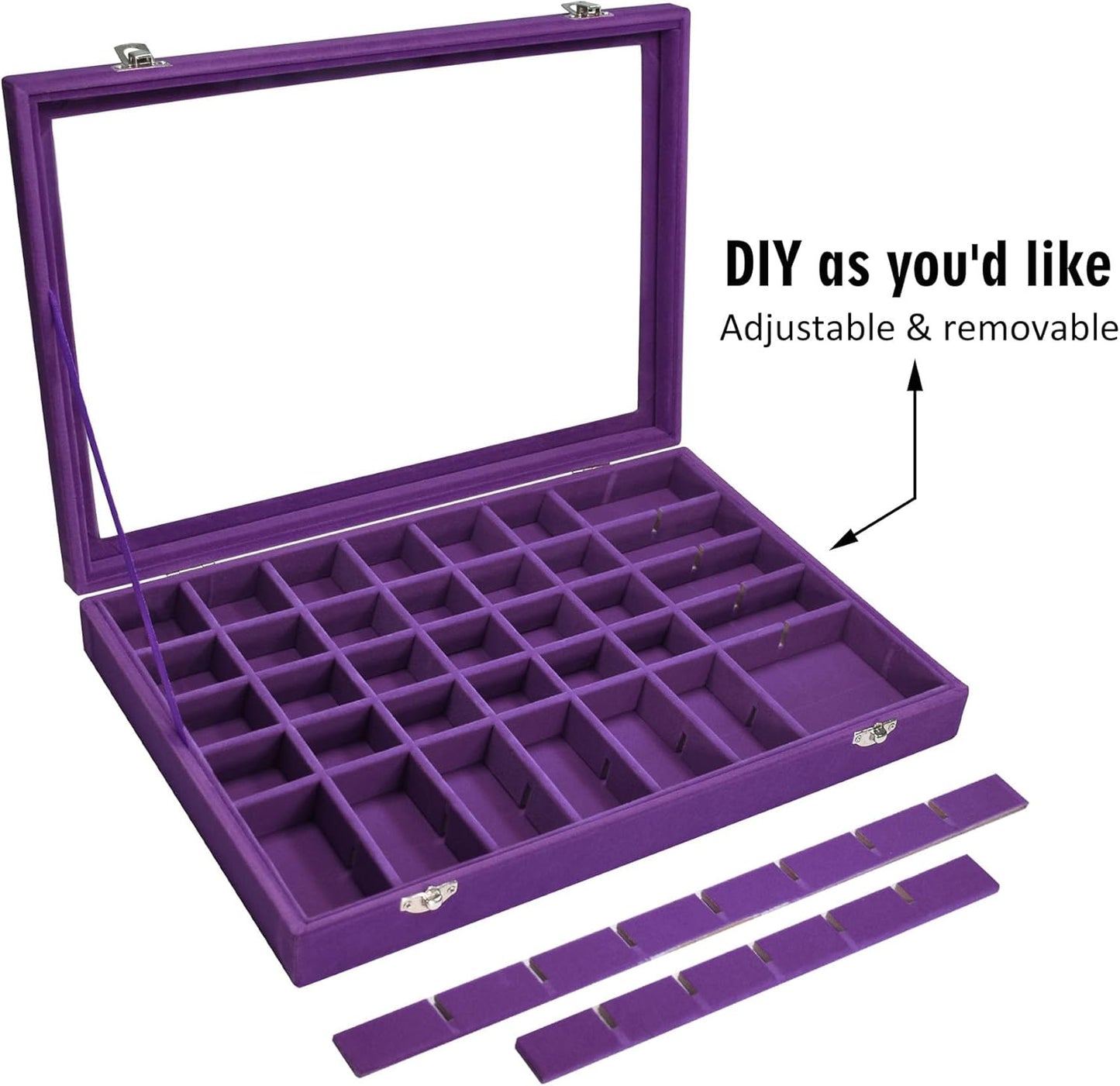 Velvet Jewelry Tray 48 Grid Jewelry Display Tray Organizer Box with Transparent Lid Rings Earrings Necklaces Pendants Display Box Suitable for Women and Girls (Purple)