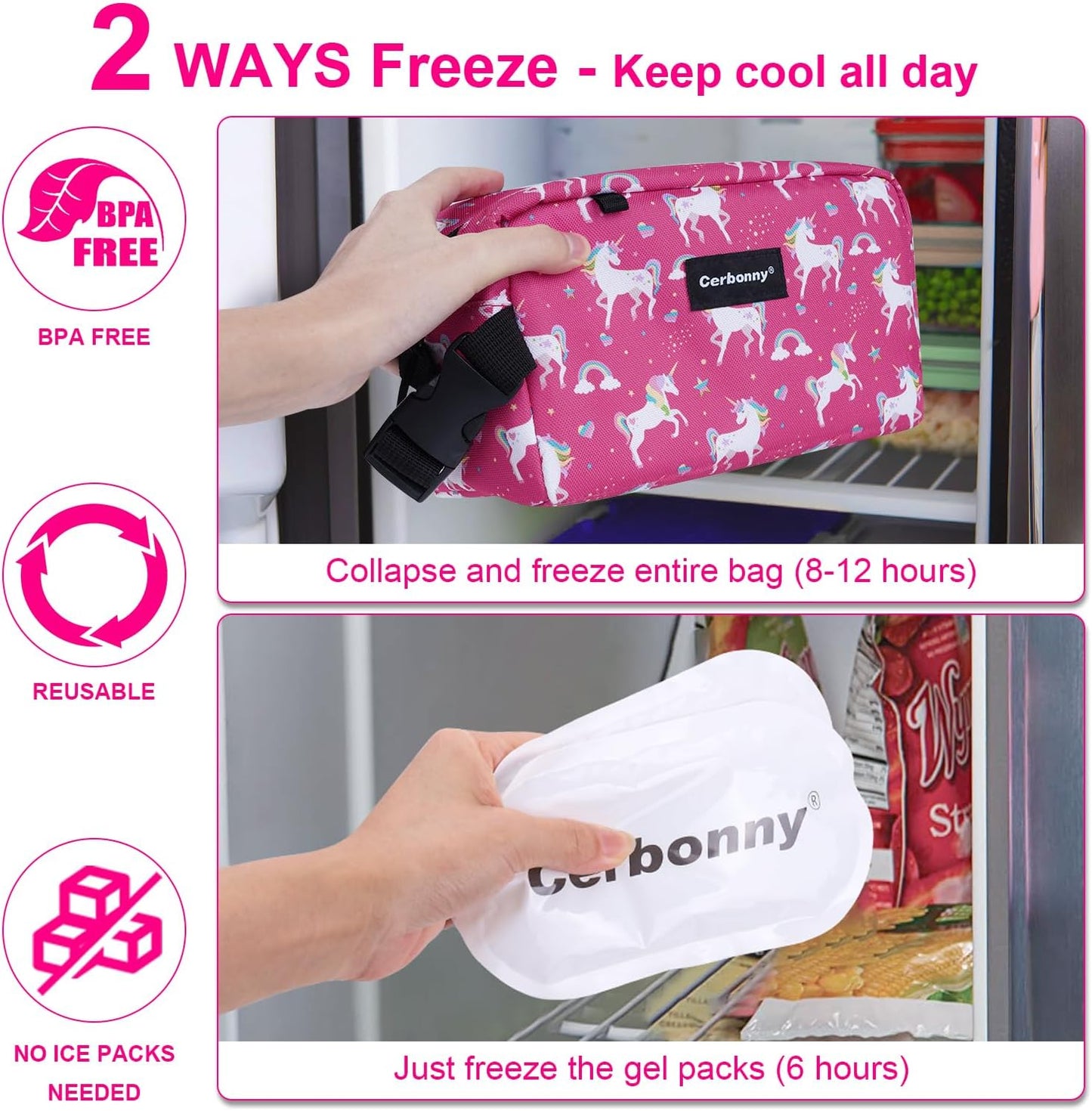 Cerbonny Small Cooler Bag - Freezable Lunch Bag for Work, School, Travel - Mini Insulated Bag for Kids & Adults - Fit for Yogurt - 3+ (Red Unicorn)