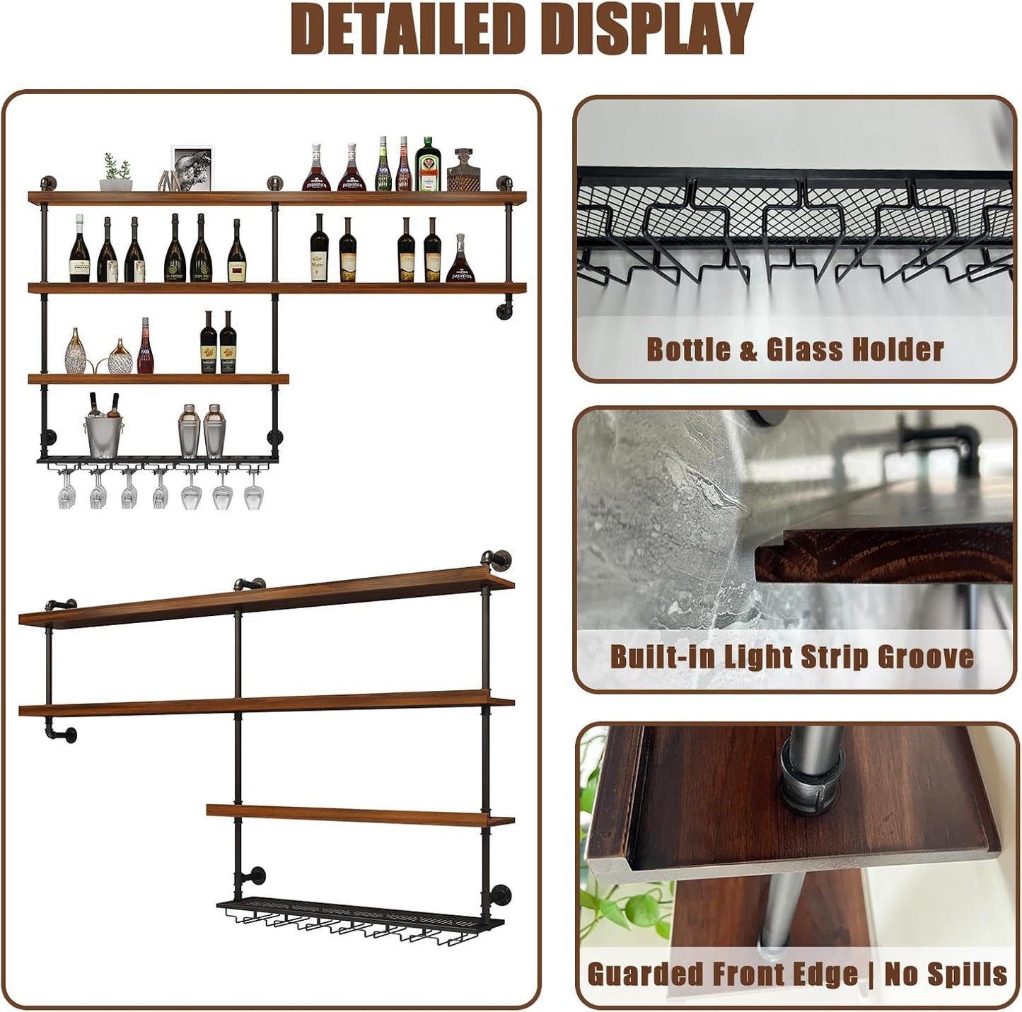 Solid Wood Wall Mounted Wine Rack, Large Wine Rack with LED Light, 4 Tiers Liquor Bottles Floating Shelves with Glass Holder, Industrial Bar Shelves for Home Bar Dining Room (70.9 IN/ 180CM)