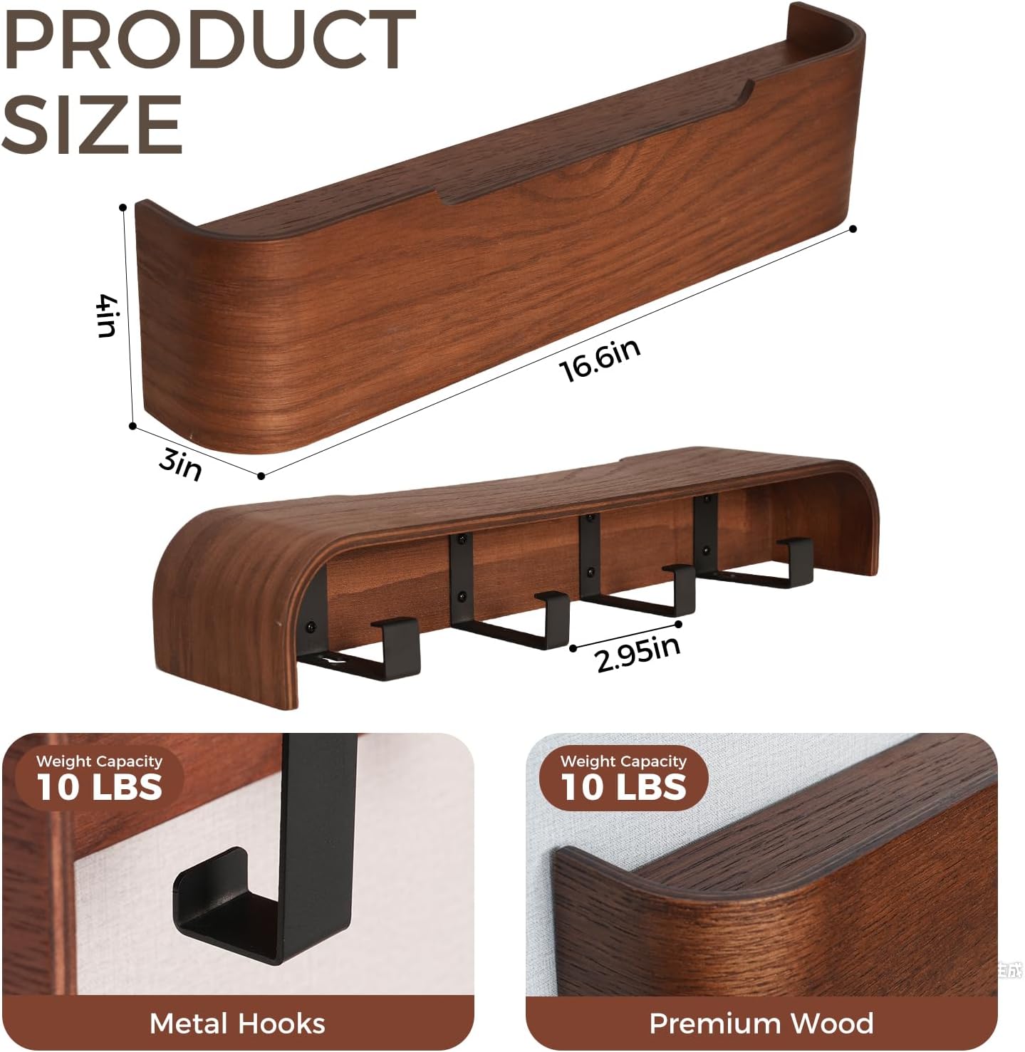 Wall Coat Rack Floating Shelves Modern Coat Rack Wall Mount with Storage Entryway Shelf Wooden Hanger 20 Inch 4 Hidden Metal Hooks for Living Room Bedroom (Walnut Color, 4 Hooks)