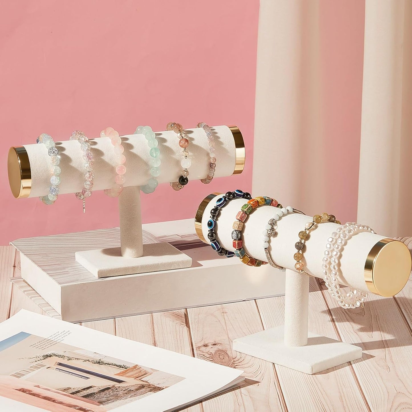 Wenqik 4 Pcs Bracelet Holder Stand Beige Velvet Bracelet Jewelry Display Holder for Vendors Scrunchies Selling Bangle Watch Hair Ties Organizer(Beige, Gold)