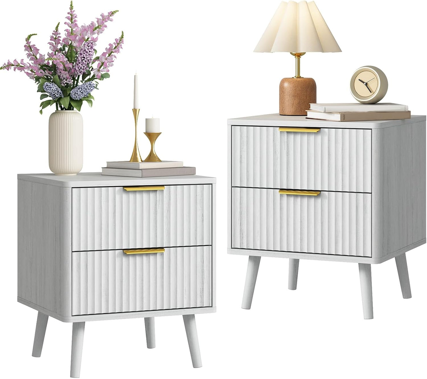 CARPETNAL Fluted Nightstand Set of 2, White Bedside Table with 2 Drawers and Gold Handles, Wood End Table Mid Century Night Stands for Bedroom Living Room
