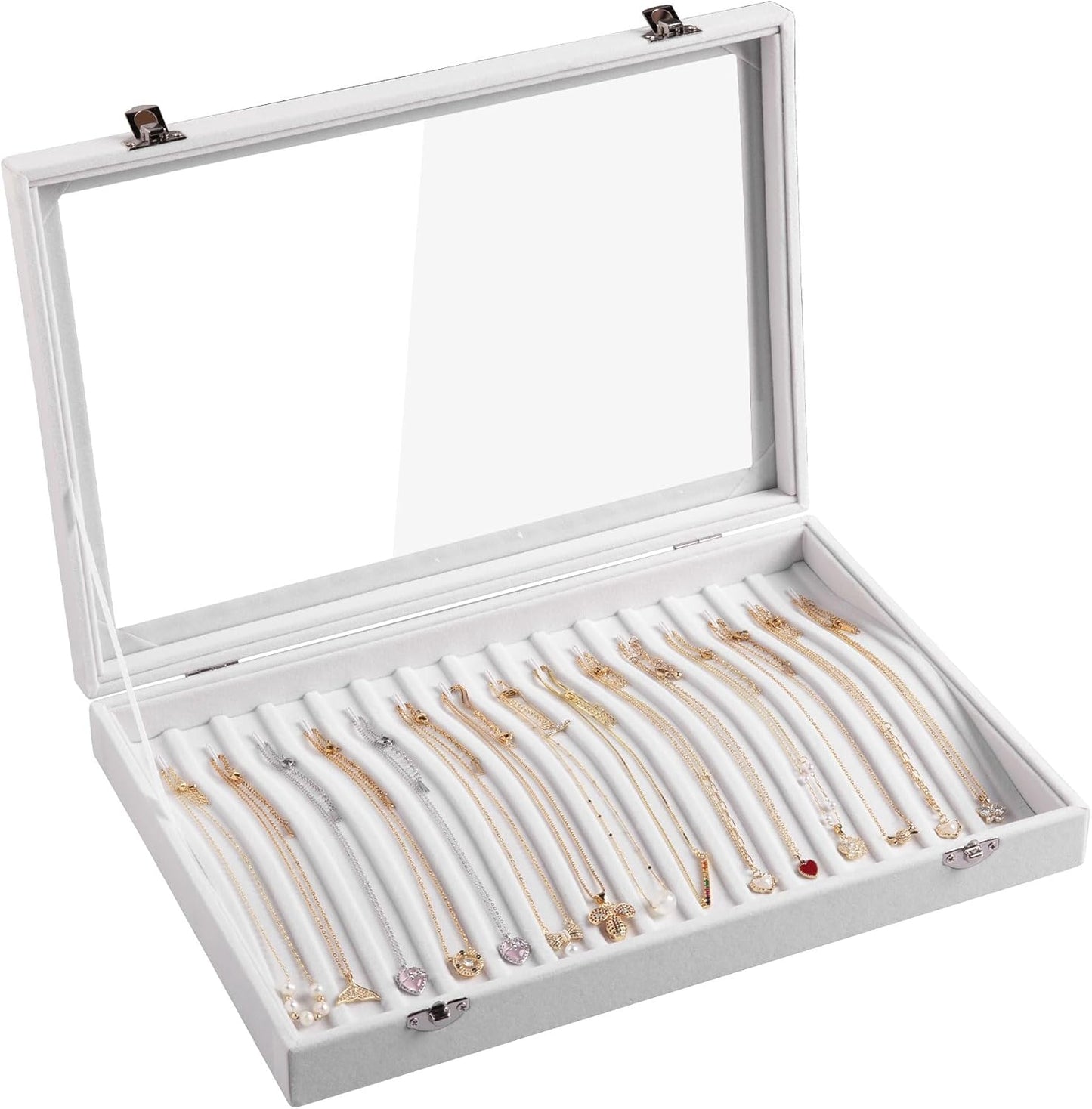 Frebeauty 15 Hooks Necklace Tray,Neckalce Organizer with Clear Lid,Velvet Necklace Holder Box,Jewelry Organizer for Pendants Chains,13.8x9.5x2 inches Necklace Jeweley Tray for Women(White)