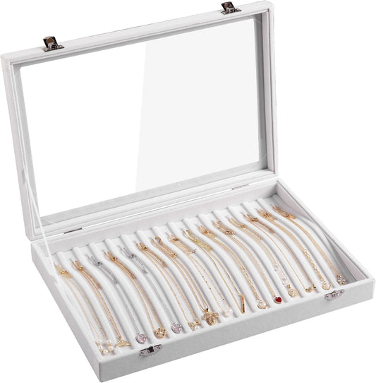 Frebeauty 15 Hooks Necklace Tray,Neckalce Organizer with Clear Lid,Velvet Necklace Holder Box,Jewelry Organizer for Pendants Chains,13.8x9.5x2 inches Necklace Jeweley Tray for Women(White)