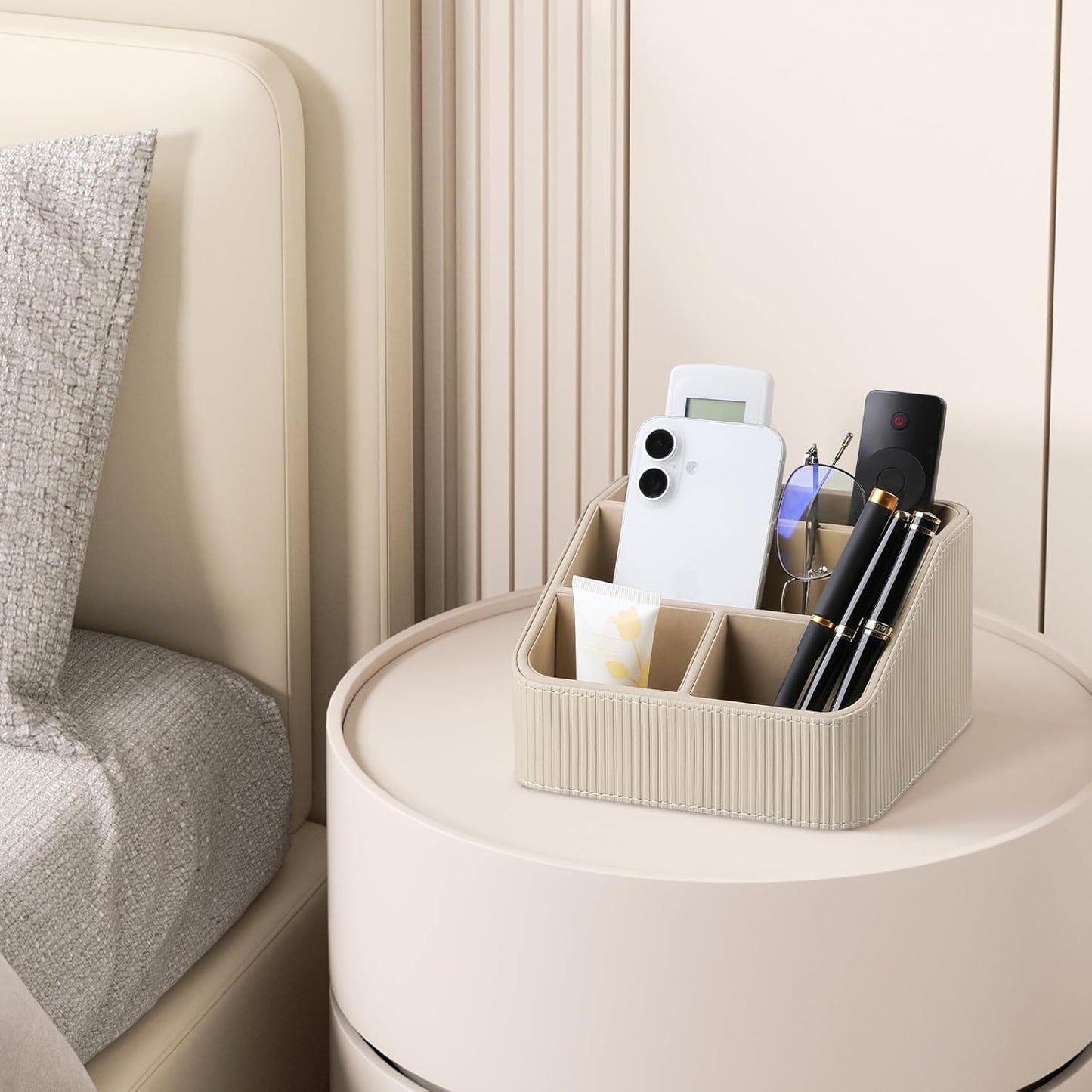 Remote Control Holder with 4 Compartments, PU Leather Small Nightstand Organizer for Home Desk Accessories Office Supplies, Multifunctional Stylish Small Bedside Desktop Organizers (Beige)