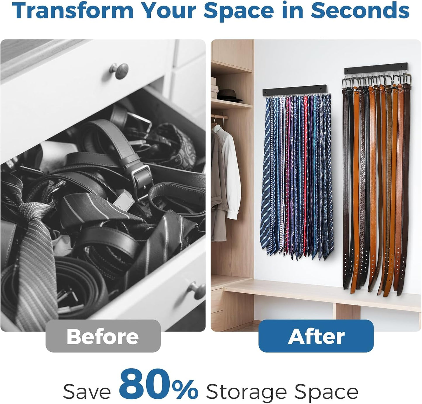 Tie and Belt Rack Wall Mount 2 Pack, Max 20 Tie Storage & 36 Belt Organizer, 180° Rotating Space Saving Tie Holder Belt Hanger for Closet Wall Mounted