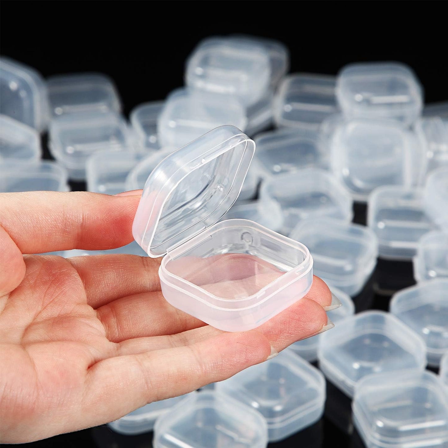 SATINIOR 48 Packs Clear Small Plastic Containers Transparent Storage Box with Hinged Lid for Small Items Crafts Jewelry (1.37 x 1.37 x 0.7 Inches)