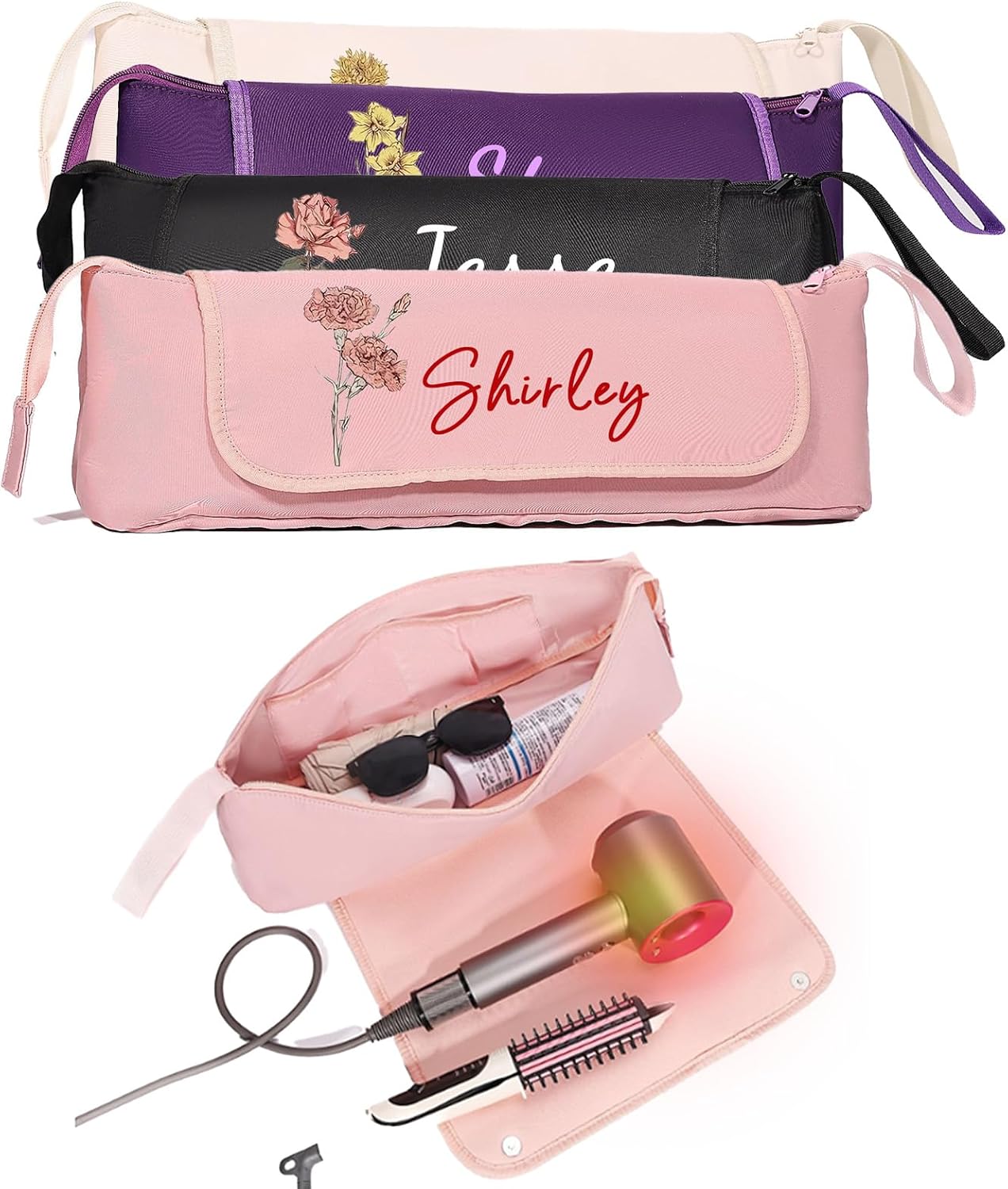 Personalized Hair Tool Bags with Heat Resistant Mat for Curling Iron & Flat Iron, Custom Name & Birth Flower Travel Bag for Hair Tools, curling iron bag for Women & Stylists (Style1)