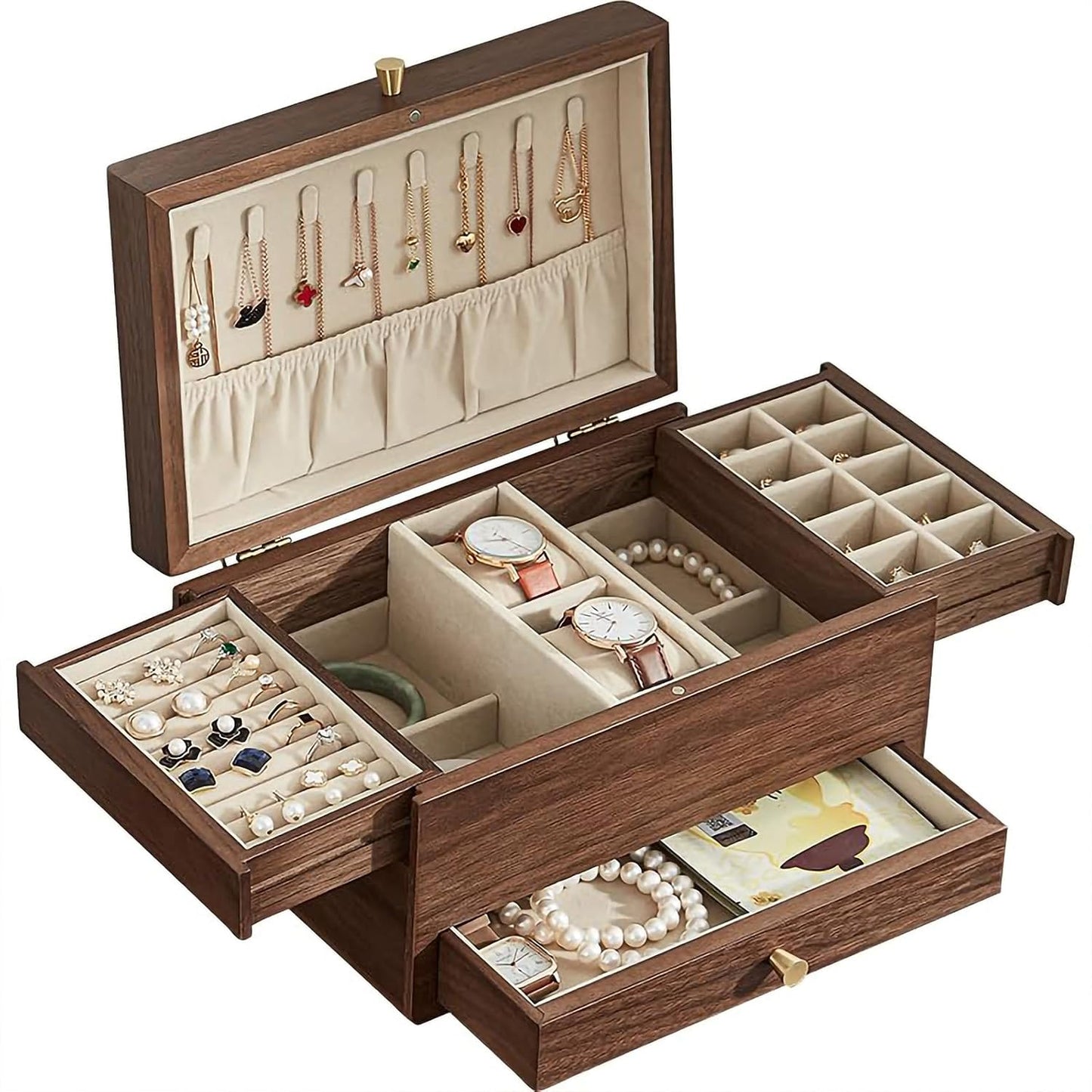 CHOSIN Black Walnut Wooden Jewelry Box for Women, 3 Level Multi-functional Drawer Organizer Box Watch Necklace Ring Earring Storage Christmas Gifts