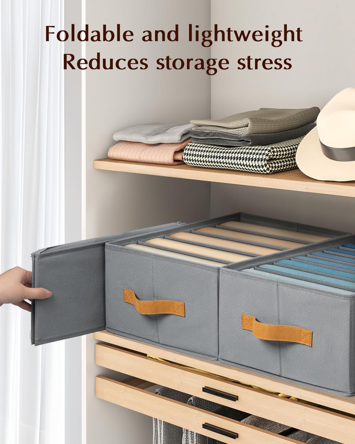 Clothes Organizers and Storage - 4/5/7 Grids Fabric Jeans Organizer with Handles, Foldable Closet Organizers Dividers, Wardrobe organizer for Pant, Sweater, T-shirt, Scarf, 3 Pack, Pale Grey
