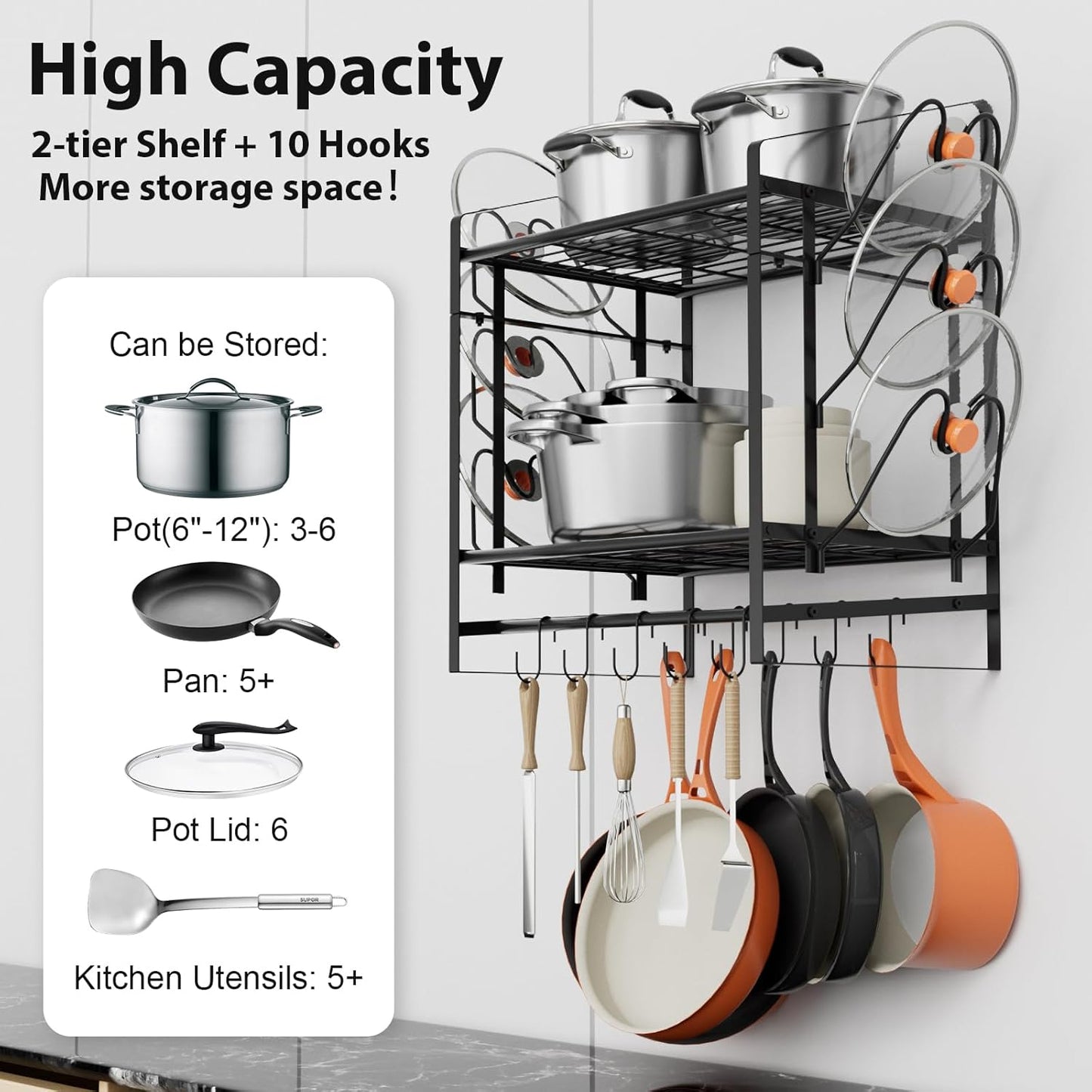 17 Inch Pot Rack Wall Mounted, 2 Tier Pots and Pans Organizer with 10 Hooks and 6 Pot Lid Holders, Heavy Duty Steel Pot and Pan Hanger for Kitchen Cookware Utensils Storage 24" Lx13 Wx20.5 H