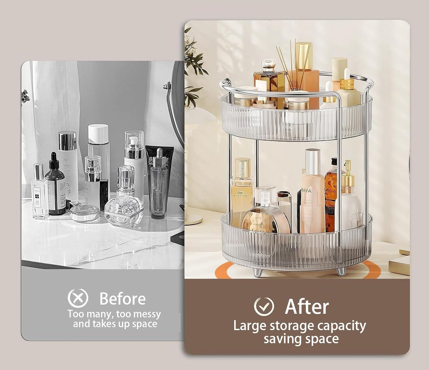 360° Rotating Makeup Organizer for Vanity, Skincare Perfume Organizers and Storage for Bathroom Countertop, Clear Makeup Brush Holder Lazy Susan for Counter (Transparent, 2 Tier)