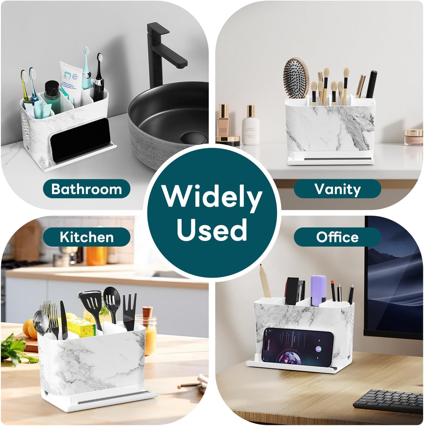Toothbrush Holders, Toothbrush Caddy with Front Ledge and Cord Slots, Detachable Tooth Brush Holder for Bathroom Countertop, Shower, Vanity, Large Capacity 6 Slots Marble Bathroom Accessories