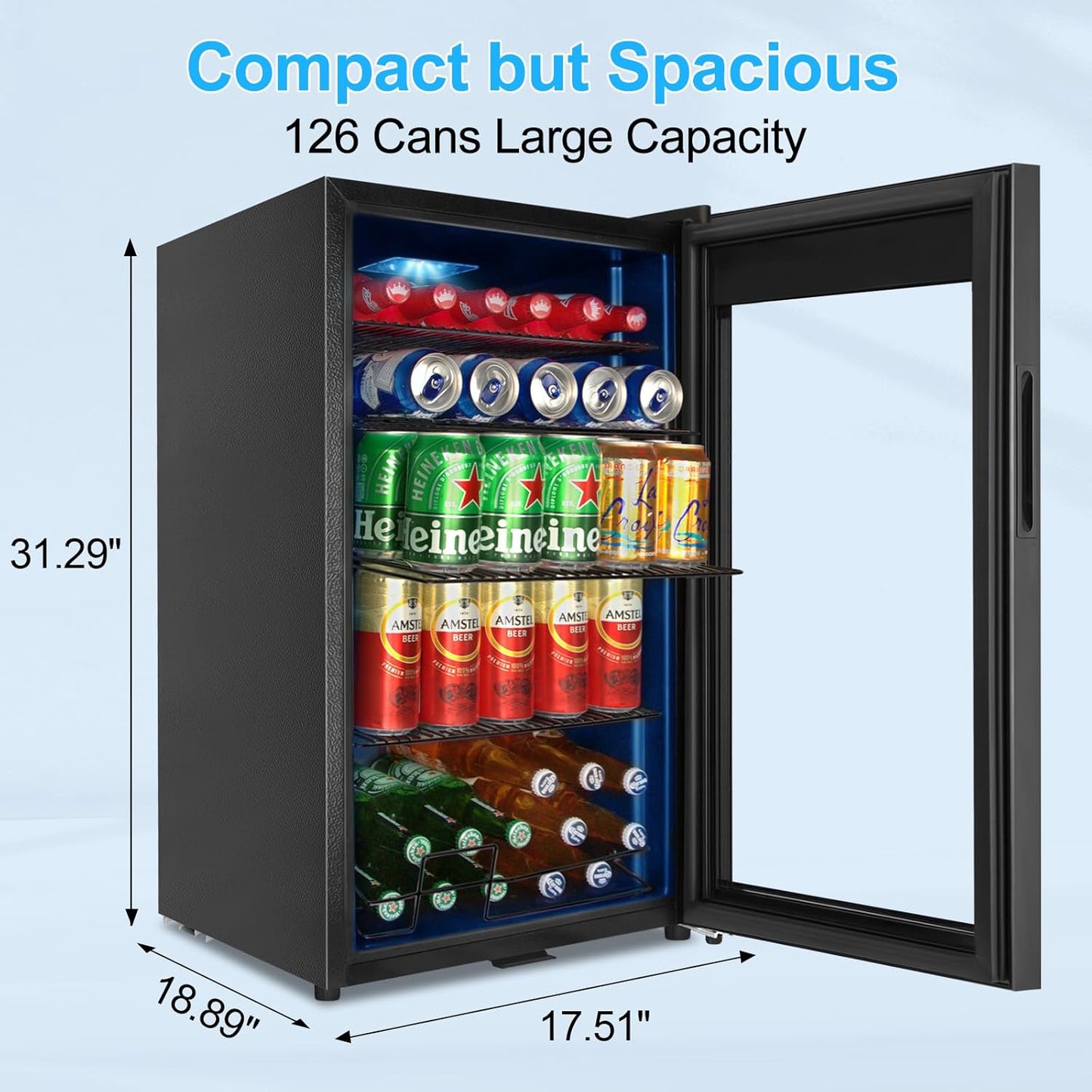 Beverage Refrigerator 126 Can, Mini Beverage Fridge Small Beverage Cooler with Glass Door Safety Lock, Drink Fridge for Beer Soda Wine, Perfect for Dorm Office Hotel