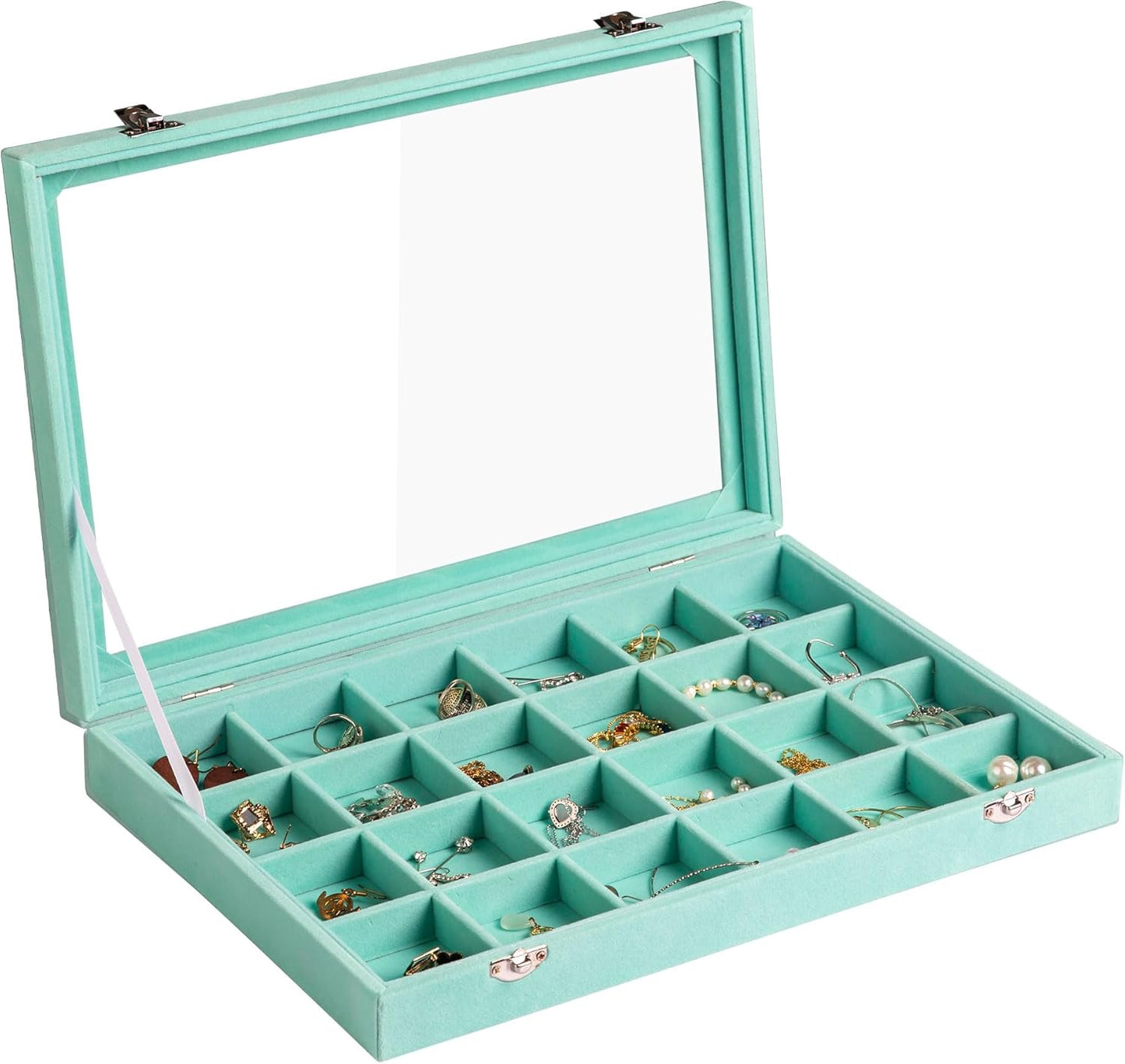 Frebeauty Velvet Jewelry Tray,24 Grid Jewelry Organizer with Clear Lid,Earring Holder Organizer with Clasp,Drawer Insert Rings Pendants Brooches,13.8 x 9.5 x 2 Inches,Gift for Women Girls(Turquoise)