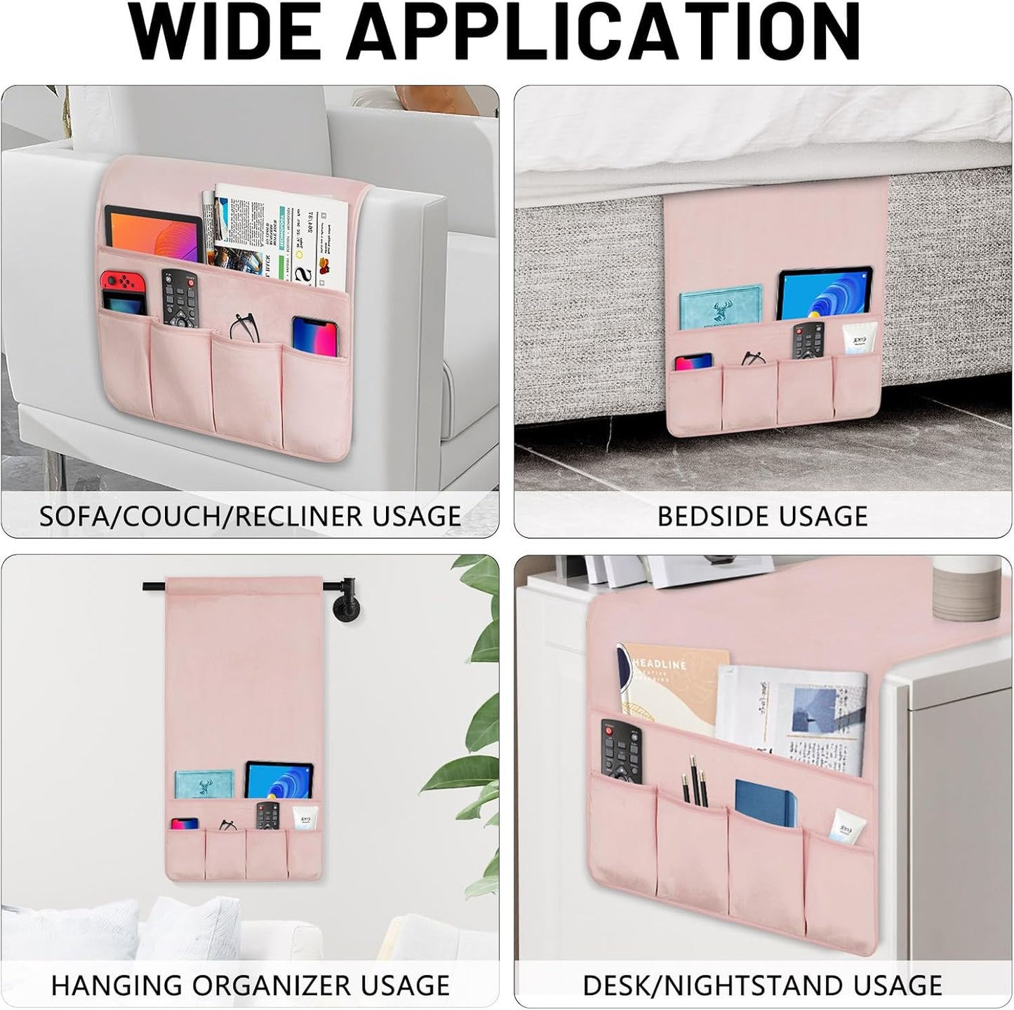 Remote Control Holder for Armchair，Couch Caddy Organizer TV Remote Holder for Bed Storage 5 Pockets，Remote Caddy Bedside Organizer Bedside Table Organizer (Pink, 35''x18'')