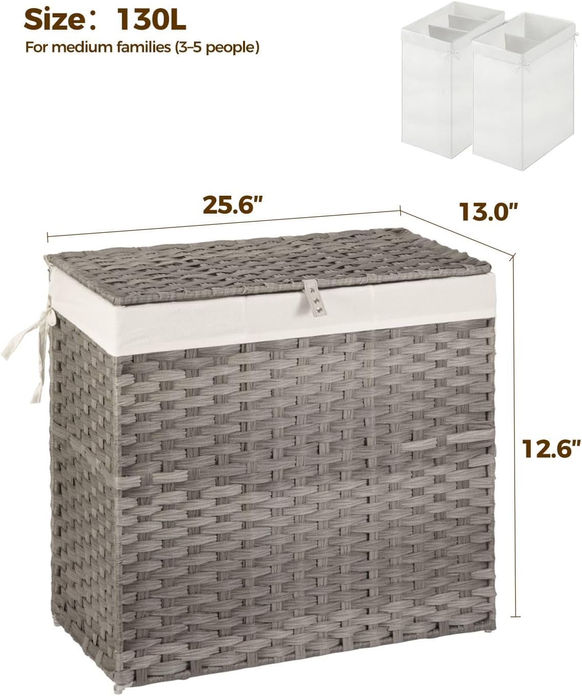 GREENSTELL Laundry Hamper with Wheels&Lid, 130L Large 3 Sections Clothes Hamper with 2 Types Removable Liner Bags, 5 Mesh Laundry Bags, Handwoven Divided Laundry Basket Gray