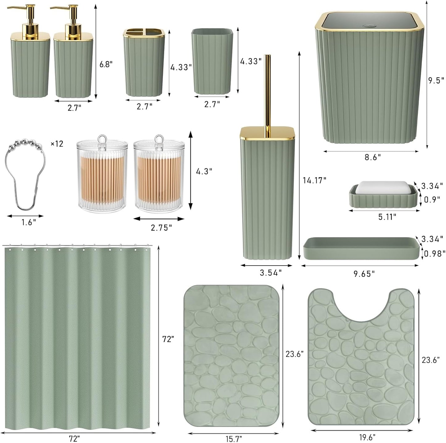 Bathroom Accessories Set - 25PC Sage Green Bathroom Set, Bathroom Set with Shower Curtain and Rugs, Sage Green Shower Curtain Set, Bathroom Accessory Set, Trash Can & Soap Dispenser