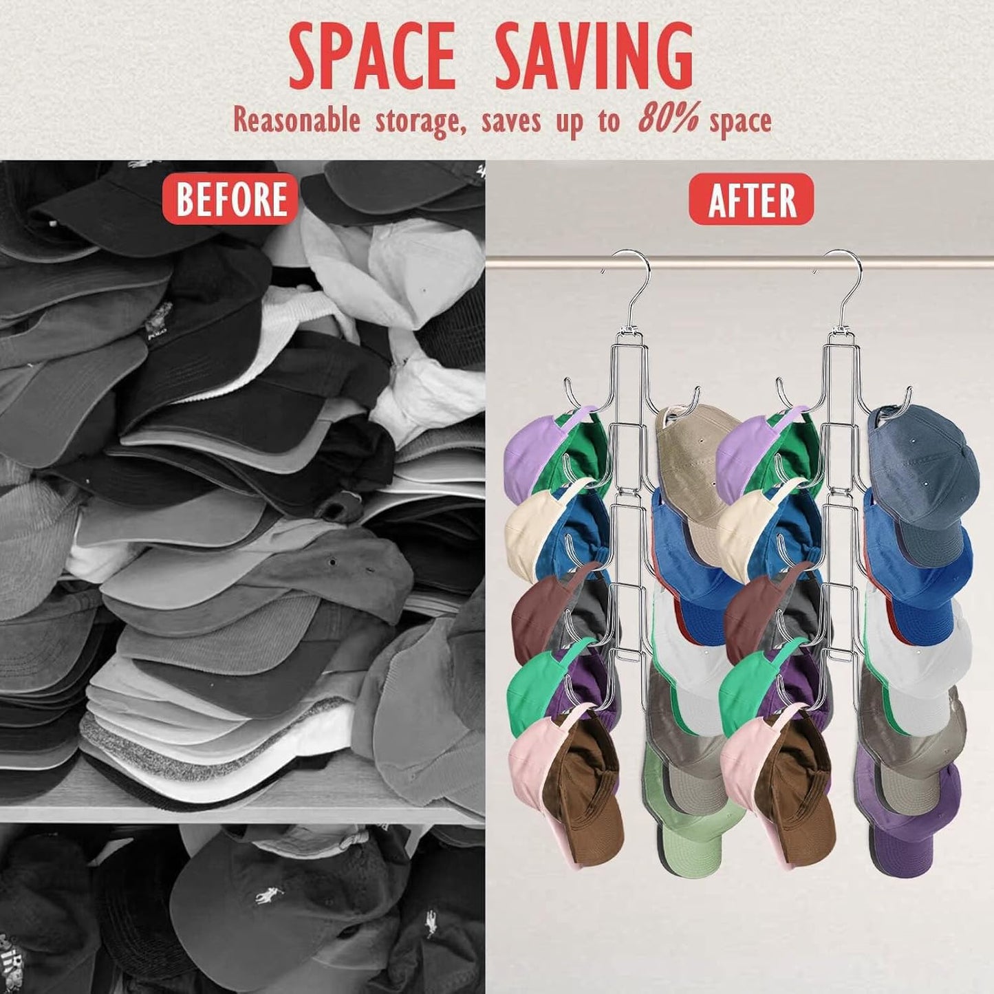 Hat Organizer for Closet, Collapsible Caps Rack with 10 Rotatable Large Hooks, Holds Up to 40 Baseball Caps, Metal Space Saving Hat Hanger for Display, Storage and Closet Organizers, Silver