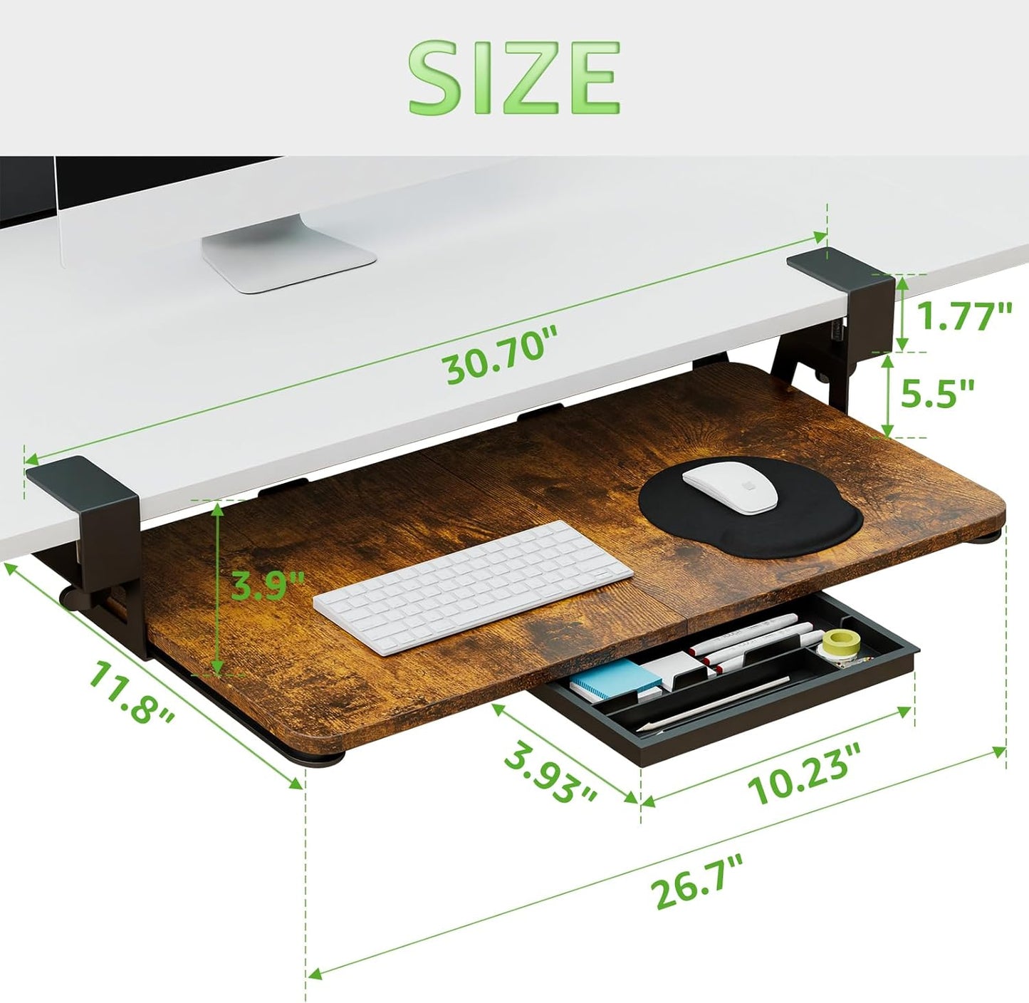 Desktop Keyboard Tray, Under Desk Pull Out, 26.77" X 11.81" Large Size Keyboard Tray with C-Clip Mount, Easy Installation, Computer Keyboard Stand, for Home Study and Office