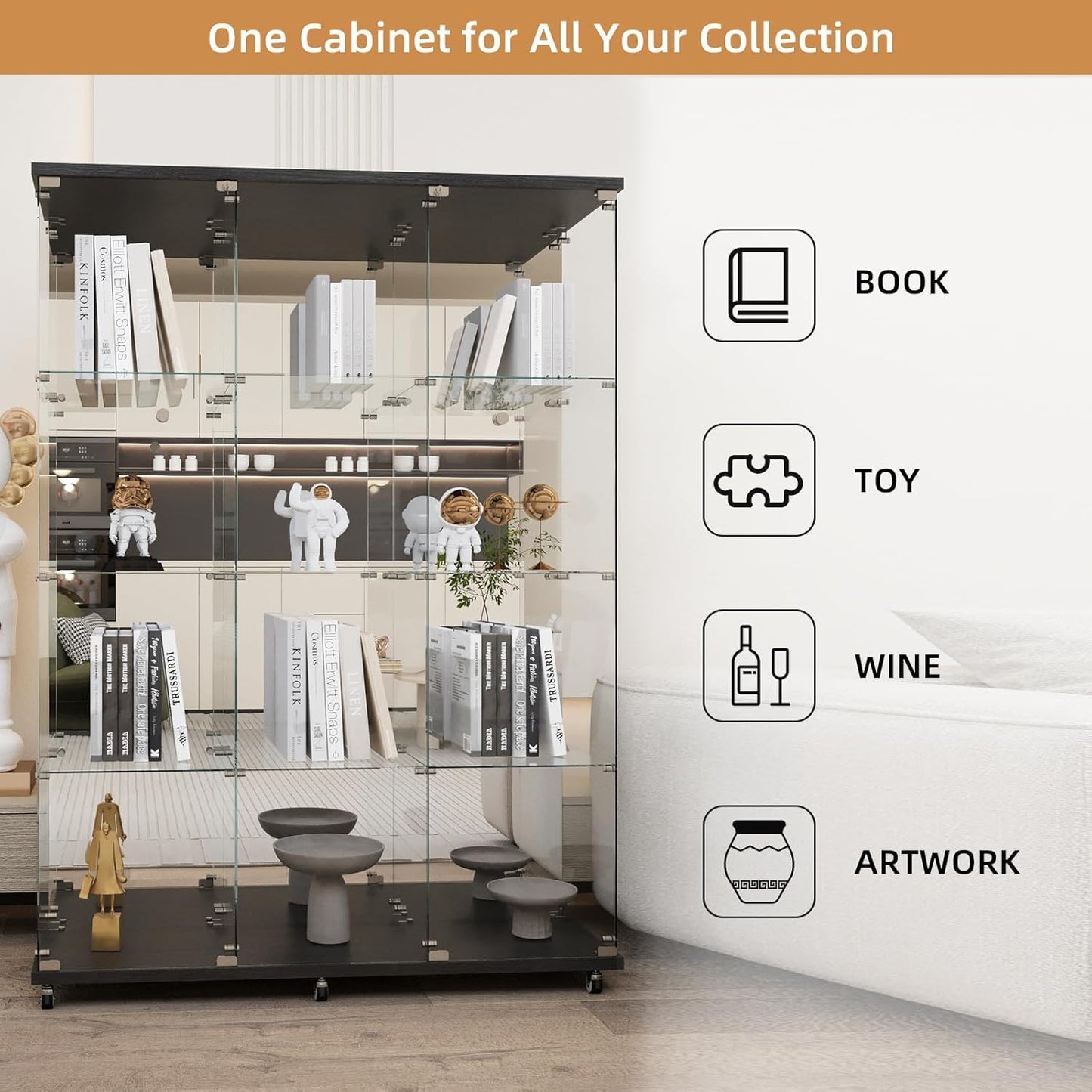 Beauty4U Glass Display Cabinet with Mirror Back Panel, 12 Shelves with 3 Columns, 2 Doors Curio Cabinets for Living Room, Bedroom, Office, Black Floor Standing Glass Bookshelf, Quick Installation