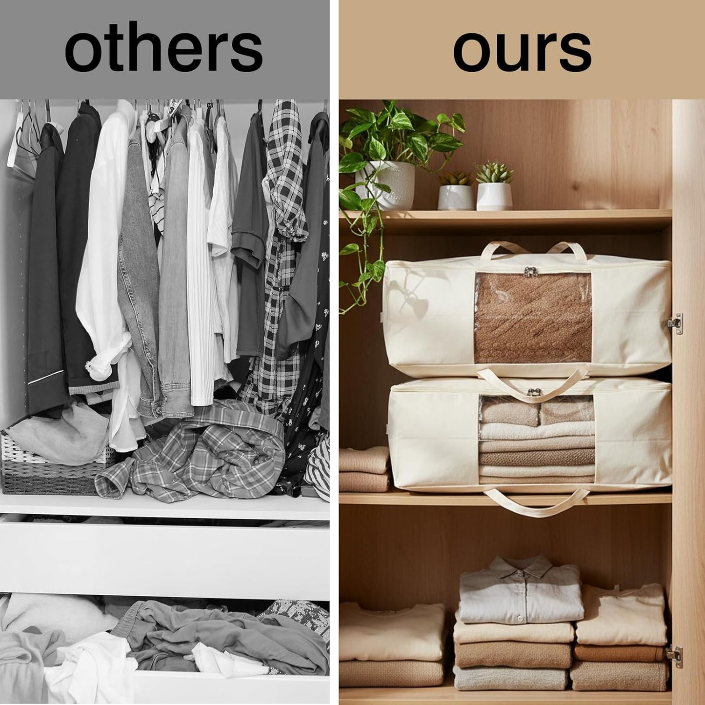 YGEOMER 2 Pack Canvas Blanket Storage Bags with Zipper Foldable Closet Organizers Storage Containers with Reinforced Handle for Dorm Storage Organizing, Bedroom, Closet,Blanket, Clothing, Comforters