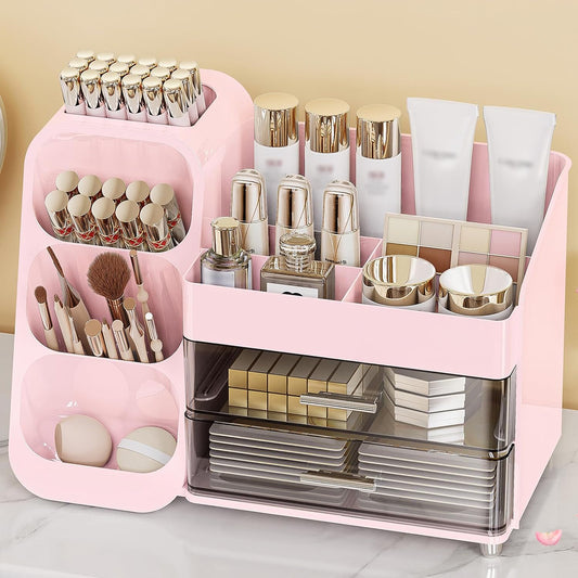 Makeup Organizer with Drawers, Skincare Organizer (Large Size Thick), Storage Box Cosmetic Display Cases, Make up Organizers for Vanity, Dresser, Desk, Kitchen, Countertop (Pink)