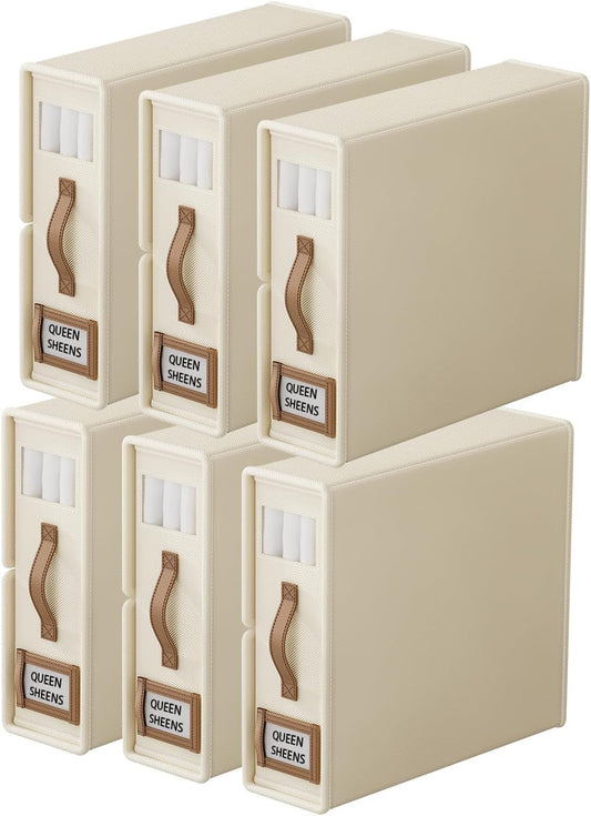 Bed Sheet Organizers and Storage (6 Pack, Queen & King Size) – Foldable Linen Closet Organizers with Window & Label, Zipper Bedding Storage Box for Sheets, Duvet Covers, Pillow Cases – Beige