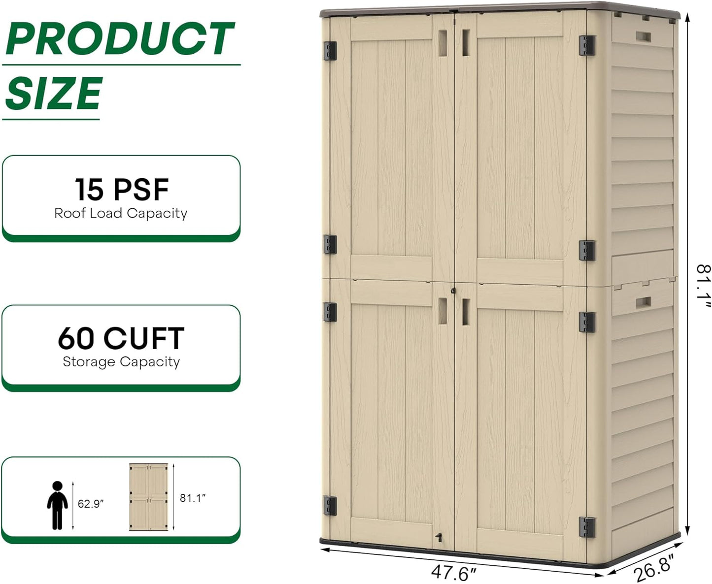 Vertical Outdoor Storage Shed, 60 Cu.Ft Resin Storage Cabinet Waterproof with Lockable Floor, All-Weather Tall Backyard Shed for Patio Furniture, Garage, Garden, Porch (Khaki)